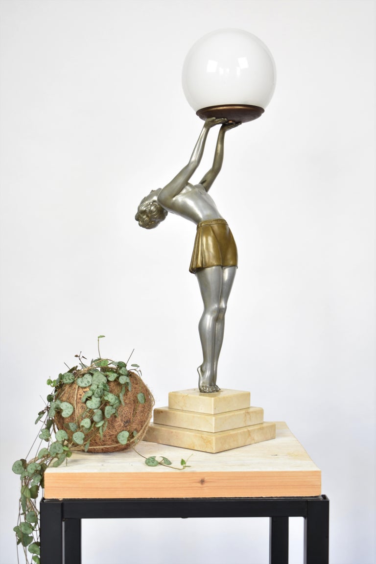 Art Deco Woman Holding Globe Table Lamp Signed by Balleste, Le Verrier