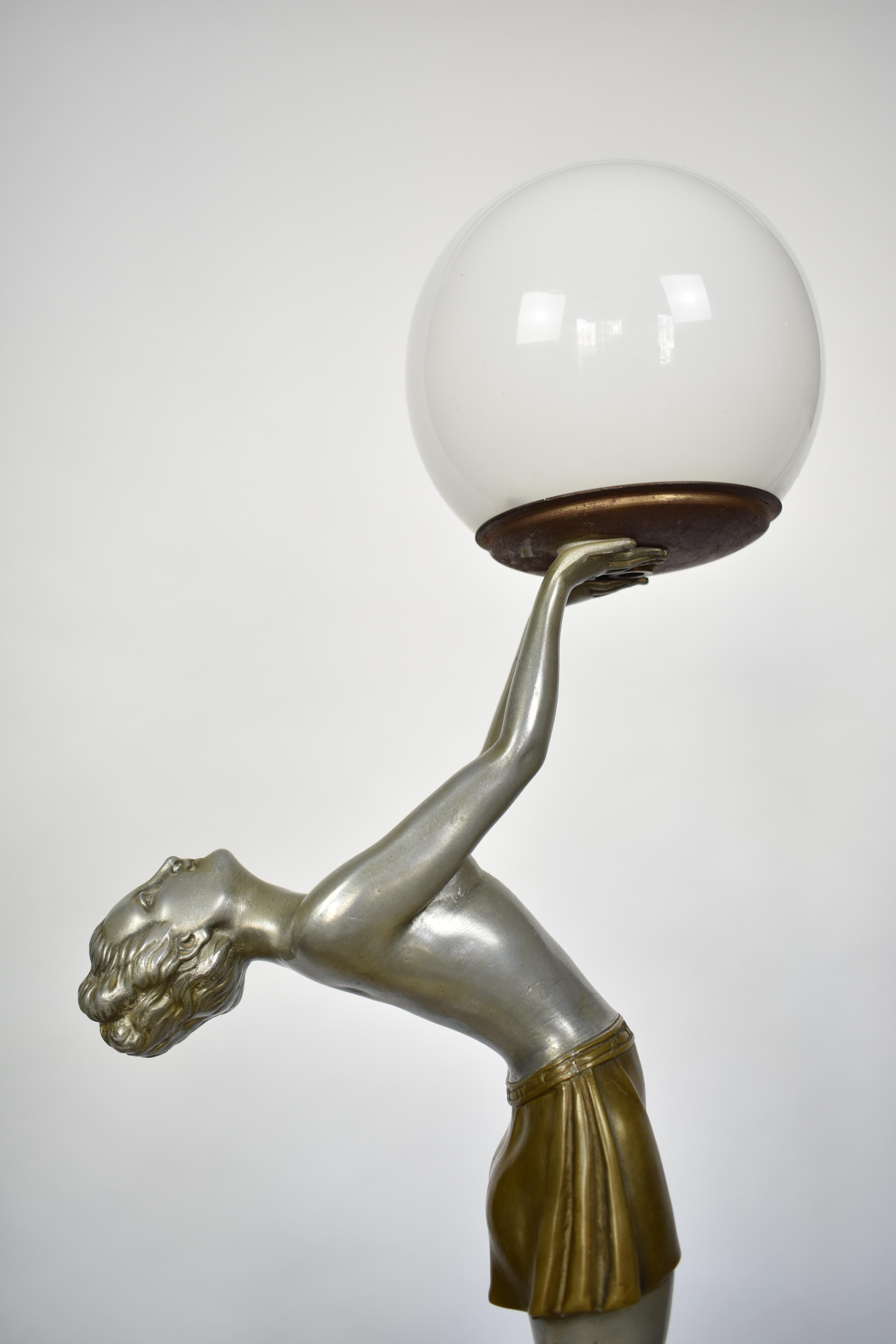 Early 20th Century FINAL SALE Art Deco Woman Holding Globe Table Lamp Signed by Balleste For Sale