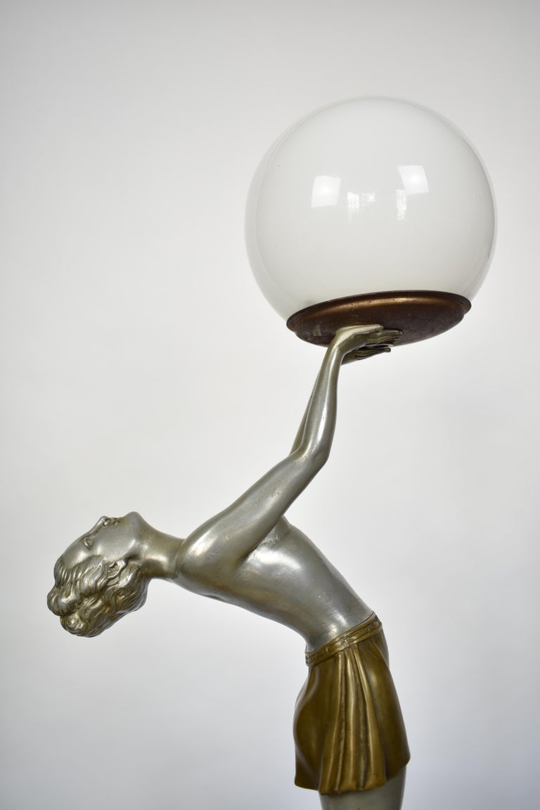 Art Deco Woman Holding Globe Table Lamp Signed by Balleste, Le Verrier