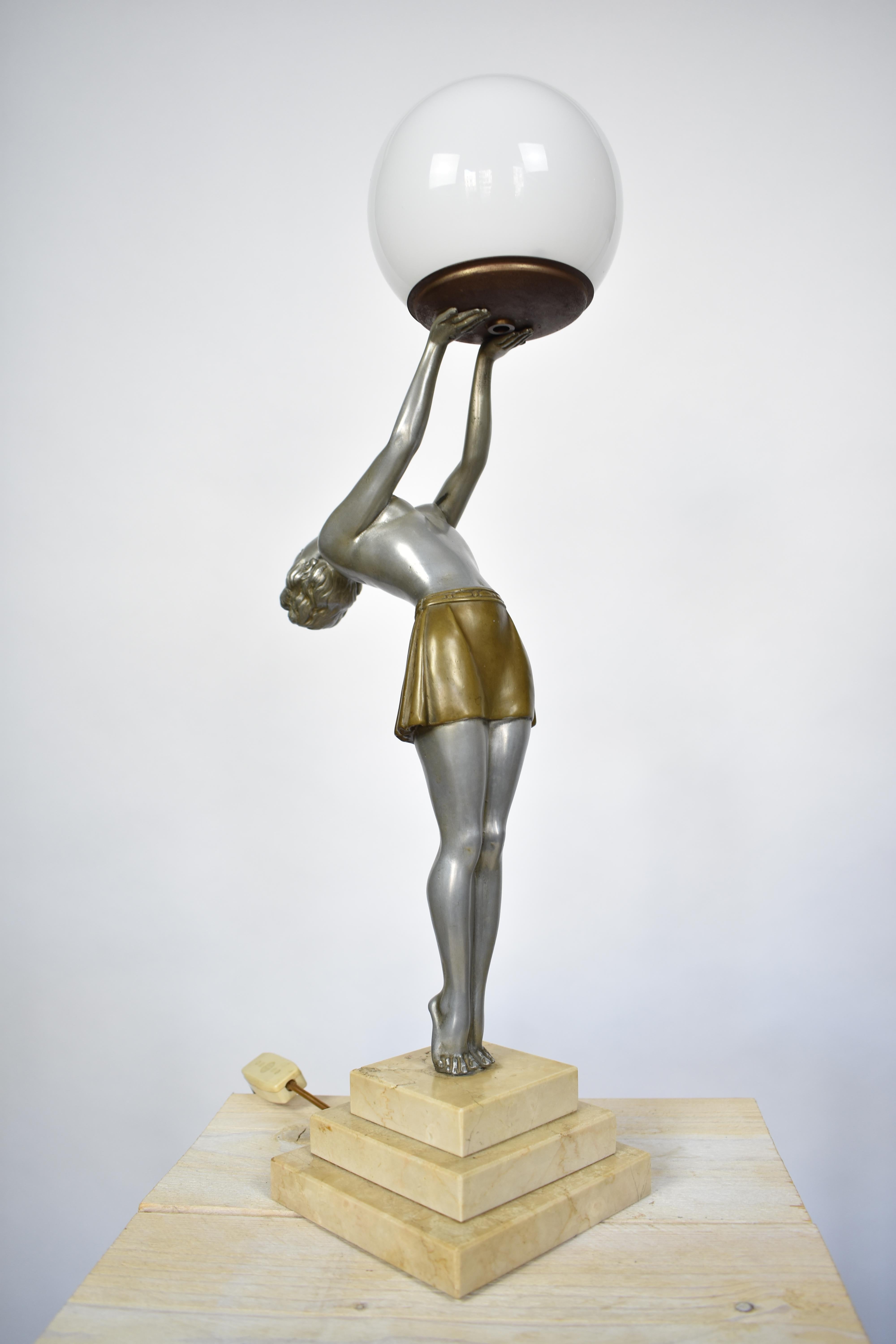 FINAL SALE Art Deco Woman Holding Globe Table Lamp Signed by Balleste For Sale 2