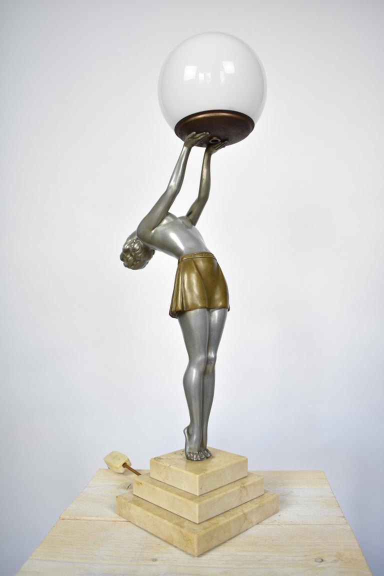 Art Deco Woman Holding Globe Table Lamp Signed by Balleste, Le Verrier Style For Sale at 1stdibs