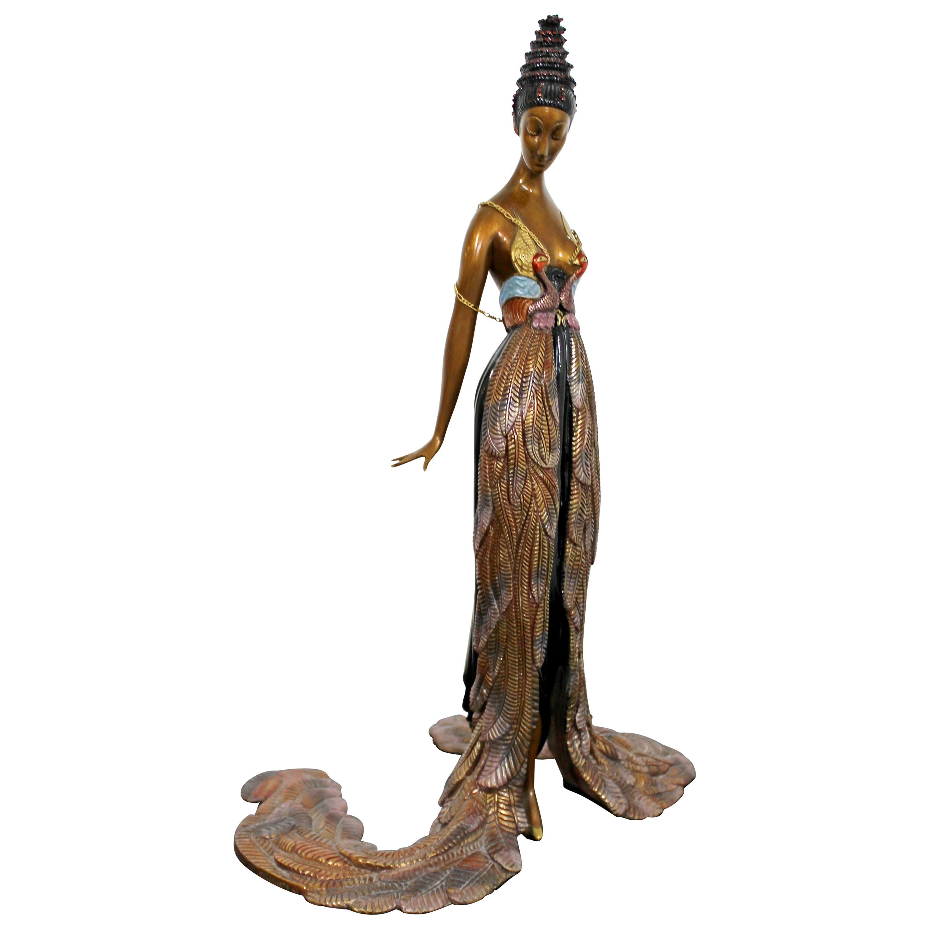 Art Deco Woman in Feather Gown Bronze Table Sculpture Signed Erte