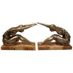 Antique Art Deco Woman Sculpture Bookends, France, 1920s