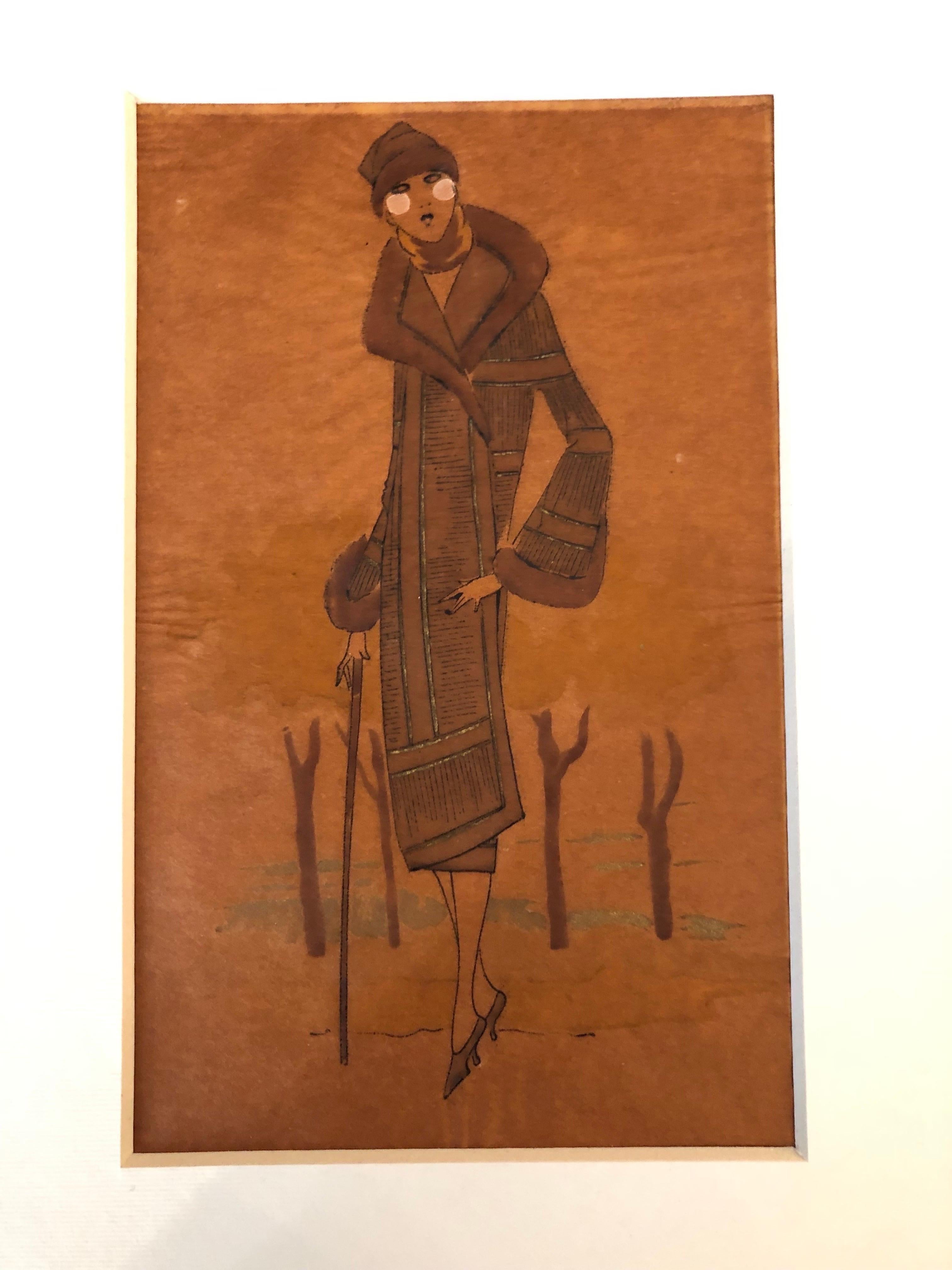 Art Decó Bocetos de diseño de moda femenina 1920 circa Conjunto de tres en venta 4