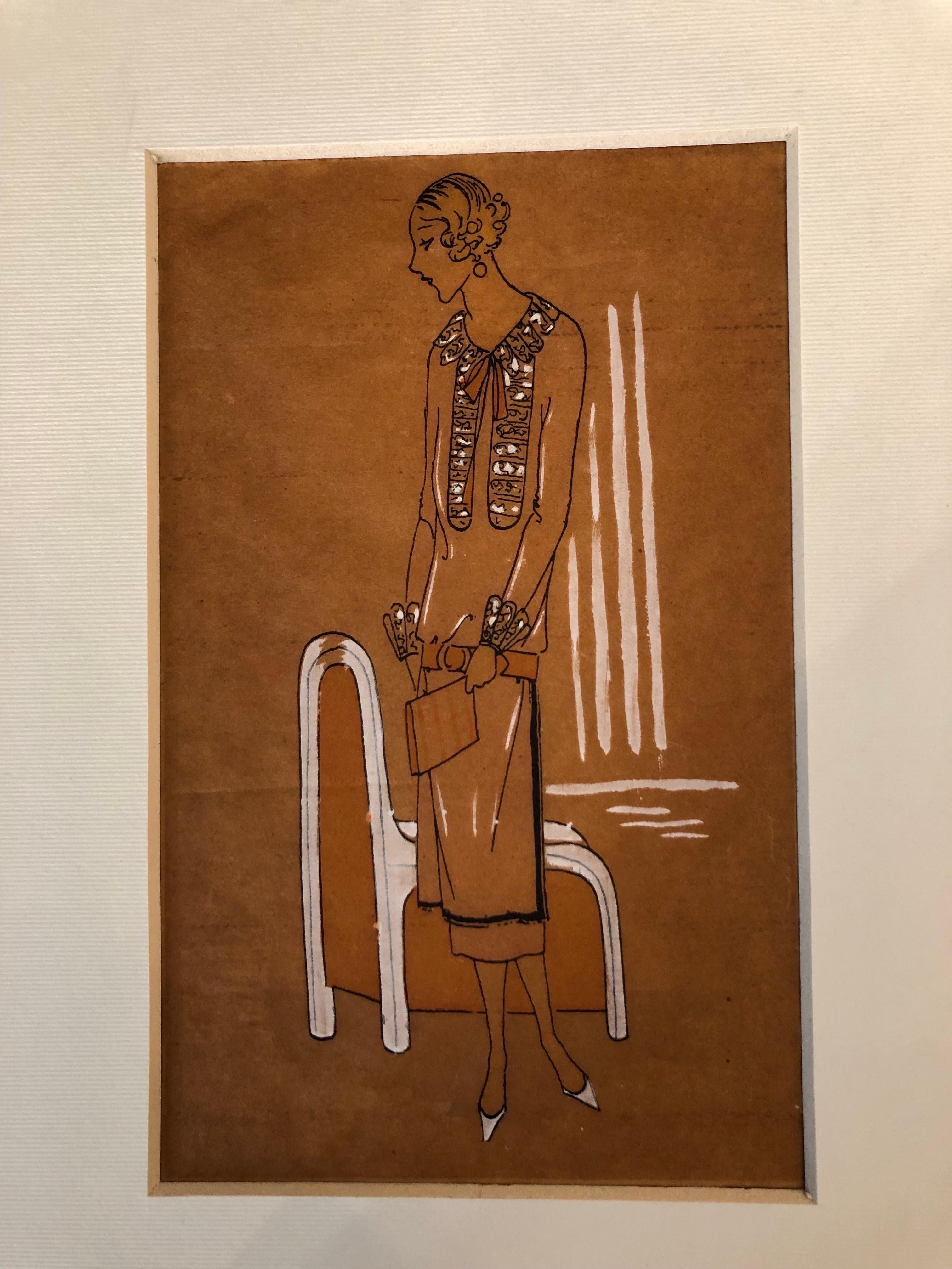 Art Decó Bocetos de diseño de moda femenina 1920 circa Conjunto de tres en venta 1