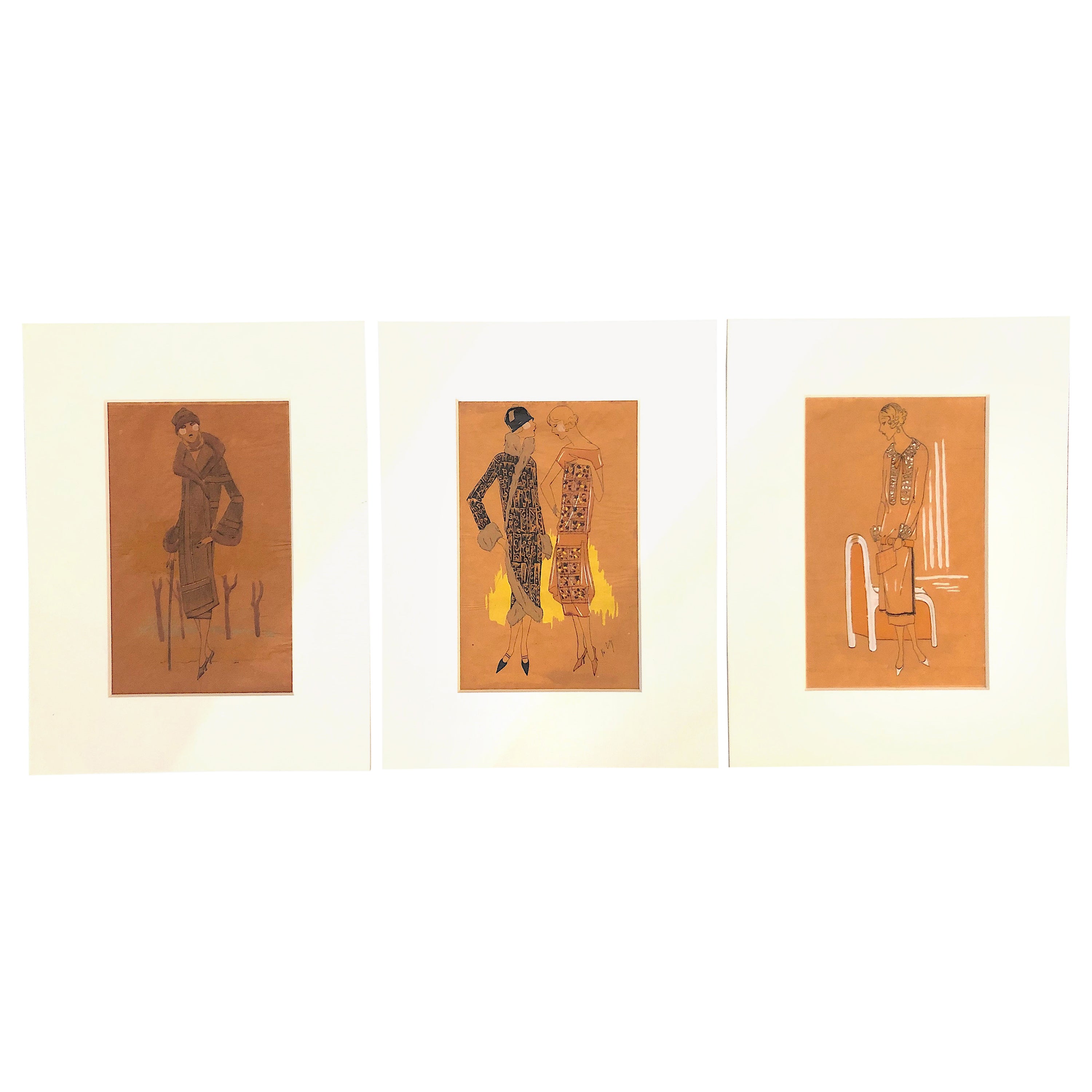 Art Deco Women Fashion Design Sketches 1920 circa Set of Three