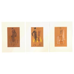 Art Decó Bocetos de diseño de moda femenina 1920 circa Conjunto de tres