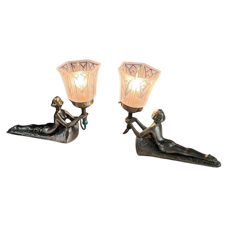 Art Deco Women Figural Table Lamps, signed Chandler