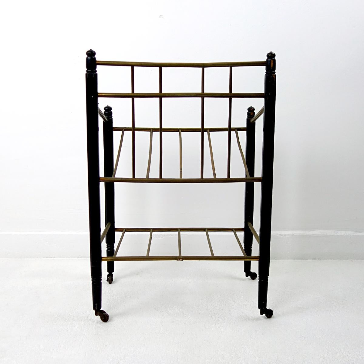 20th Century Art Deco Wood and Brass Magazine Stand on Wheels by Ernst Rockhausen & Söhne For Sale