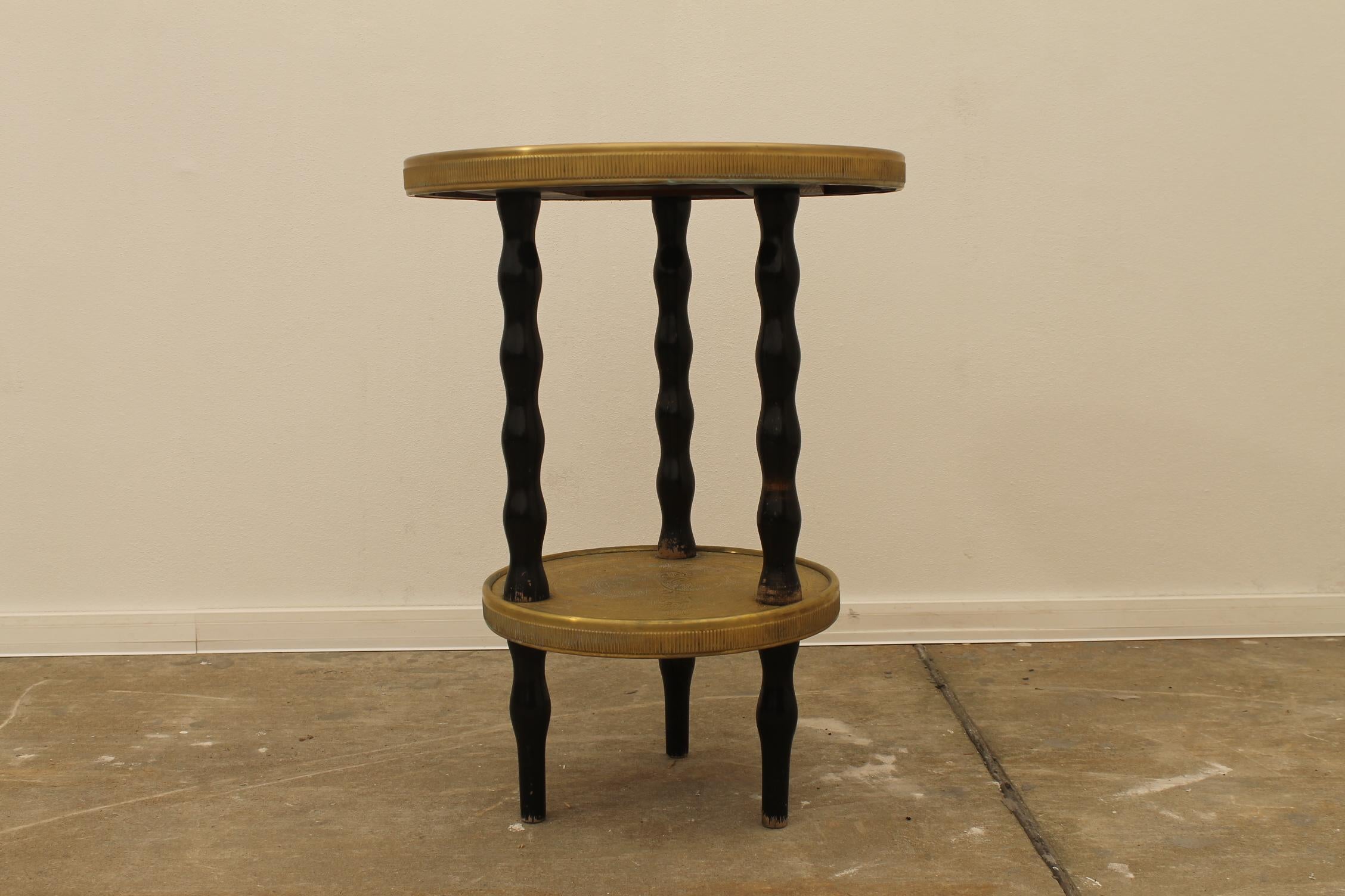 Czech Art Deco Wood and Brass Round Side Table, Bohemia, 1930s For Sale