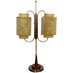 Art Deco Wood and Brass Sculptural Table Lamp 1940s Dual Headed