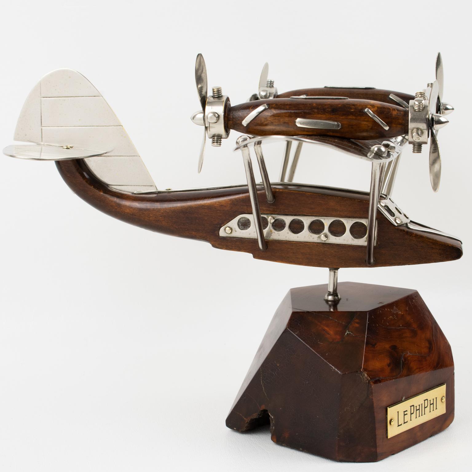French Art Deco Wood and Chrome Airplane SeaPlane Aviation Model, France 1940s For Sale