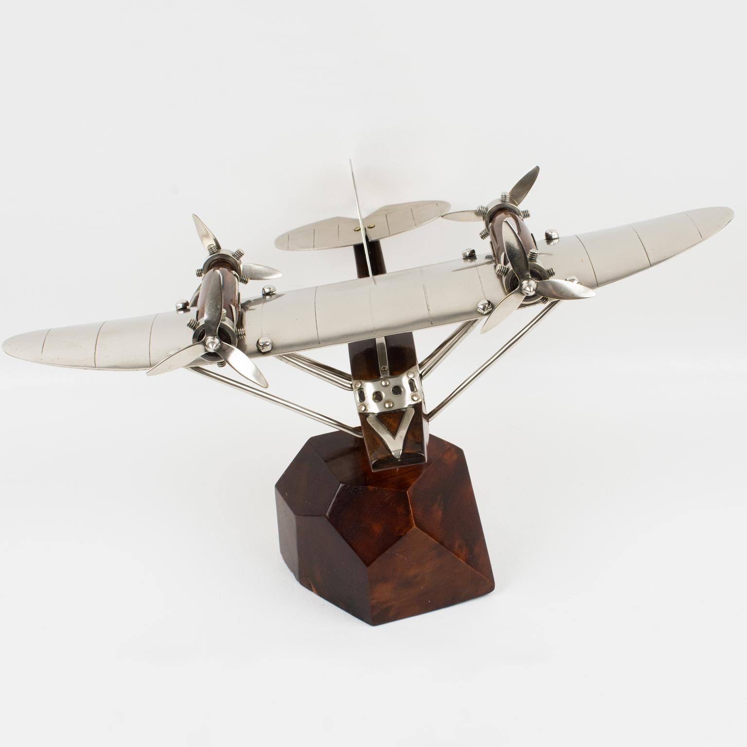 Metal Art Deco Wood and Chrome Airplane SeaPlane Aviation Model, France 1940s For Sale