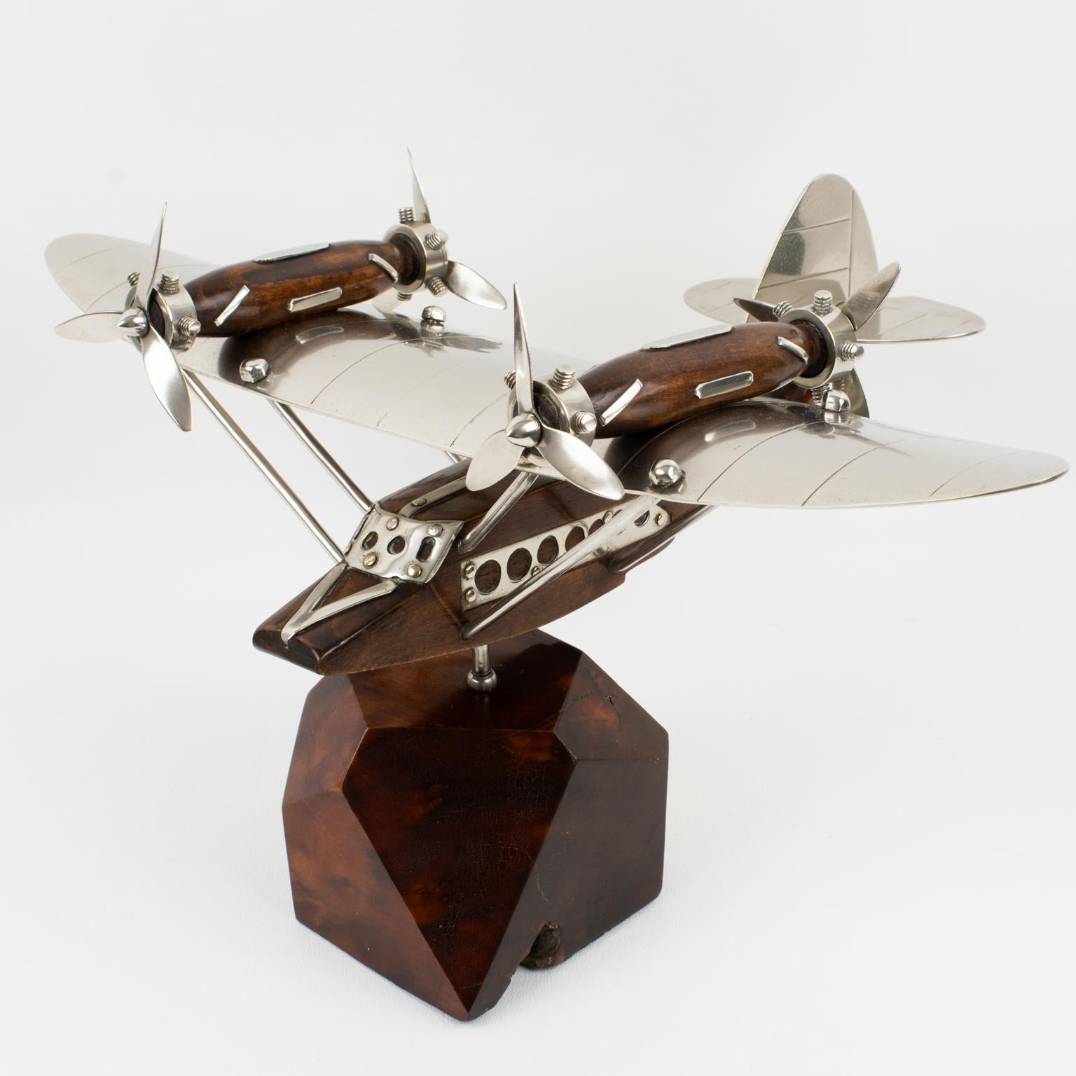 Art Deco Wood and Chrome Airplane SeaPlane Aviation Model, France 1940s For Sale 1