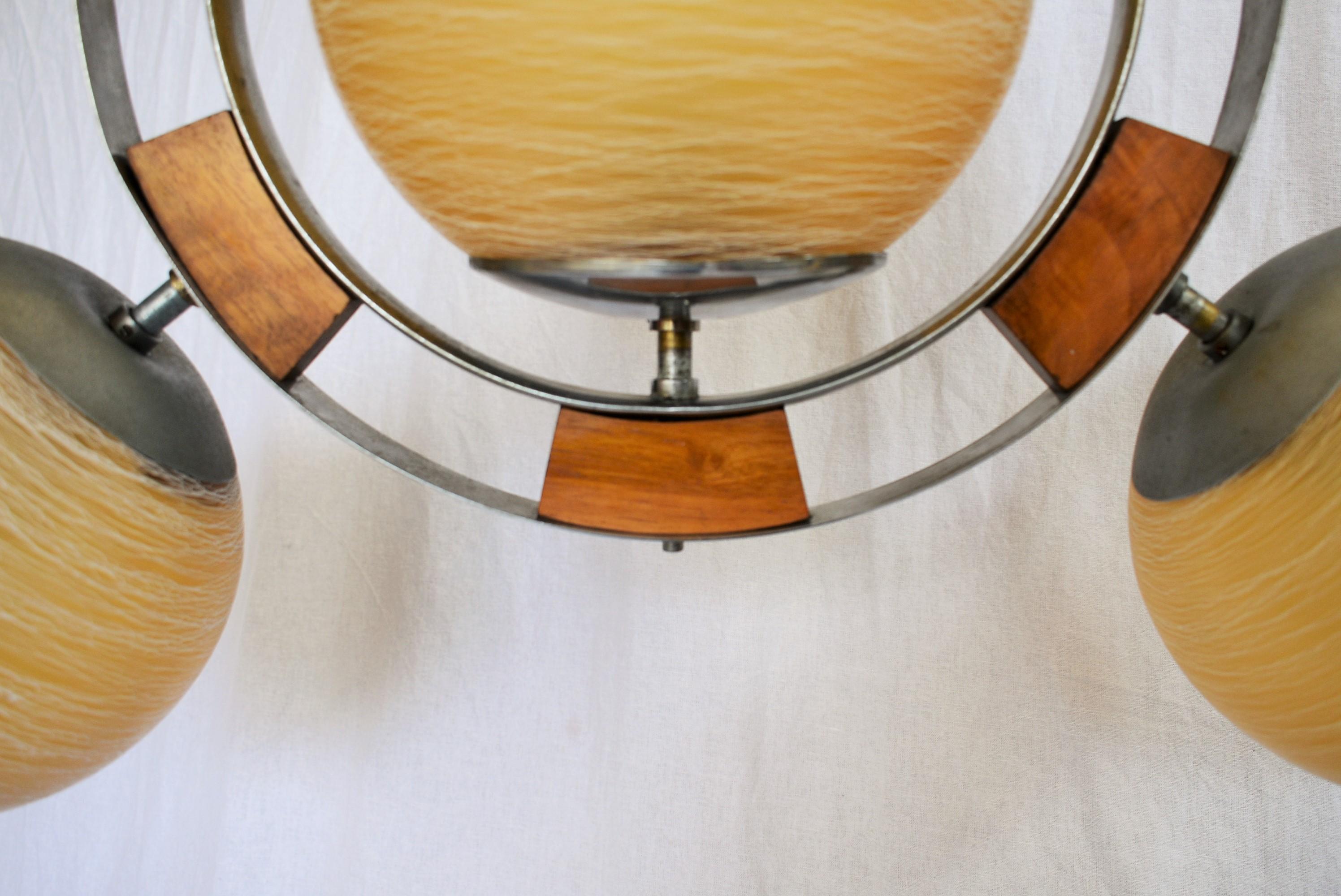 Czech Art Deco Wood and Chrome Chandelier, 1930s