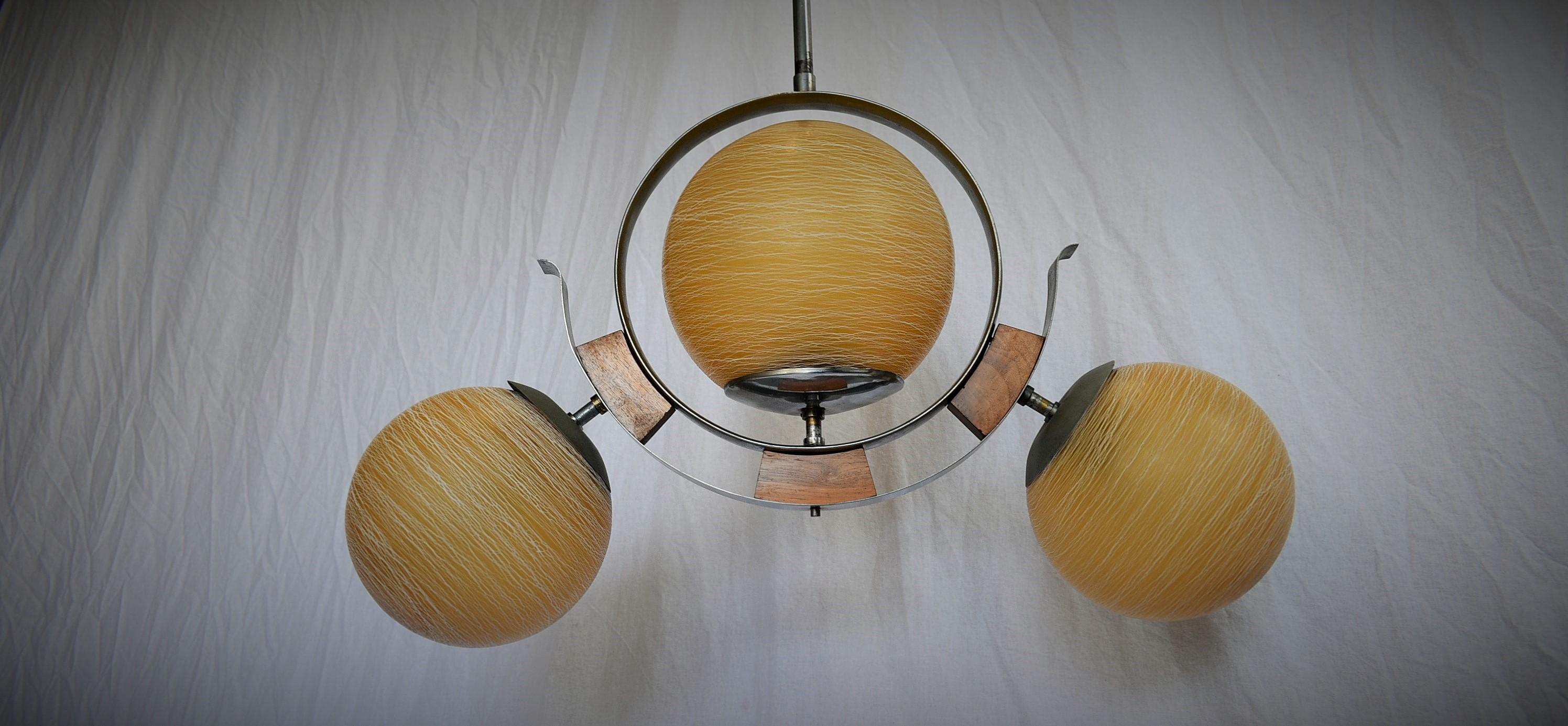 Mid-20th Century Art Deco Wood and Chrome Chandelier, 1930s