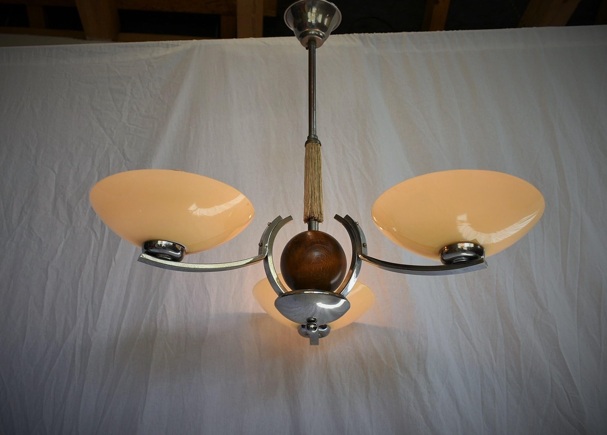 Art Deco Wood and Chrome Chandelier, 1931s For Sale 4