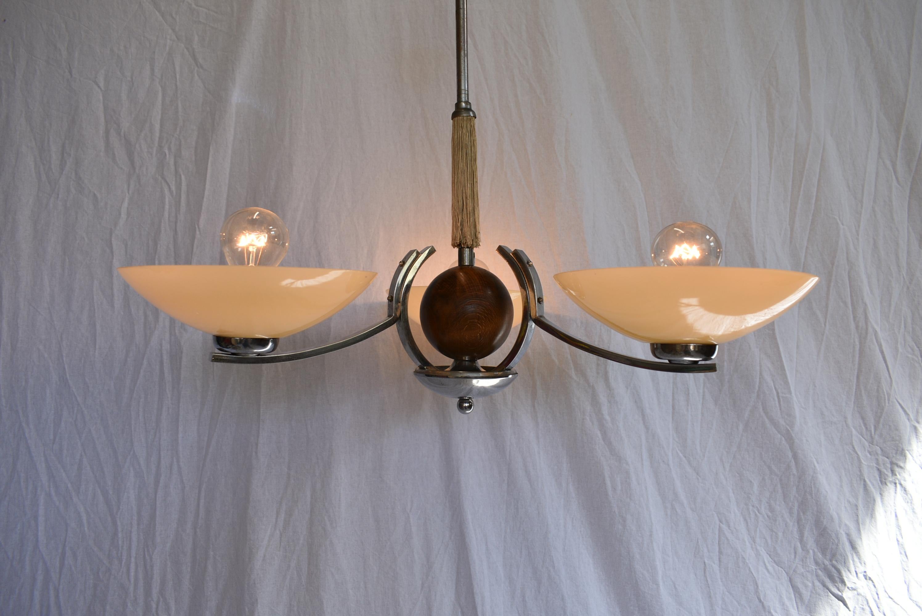 Art Deco Wood and Chrome Chandelier, 1931s For Sale 5