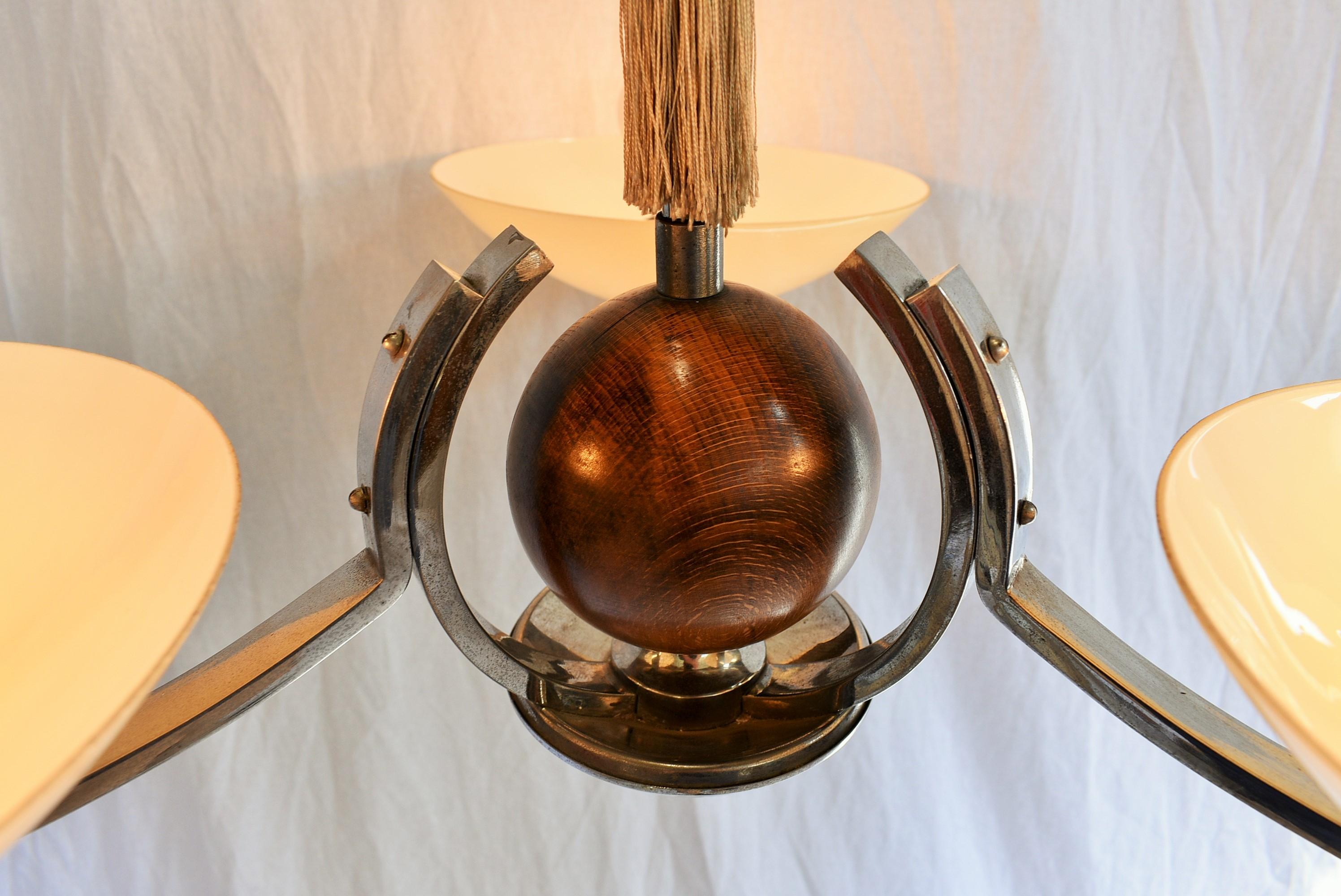 Art Deco Wood and Chrome Chandelier, 1931s For Sale 8