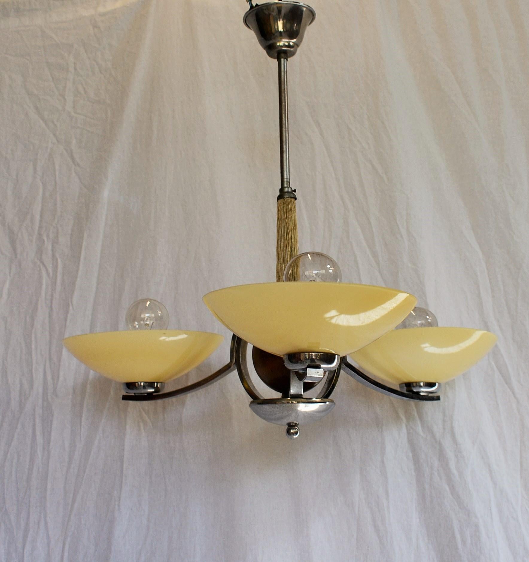 Art Deco Wood and Chrome Chandelier, 1931s For Sale 11