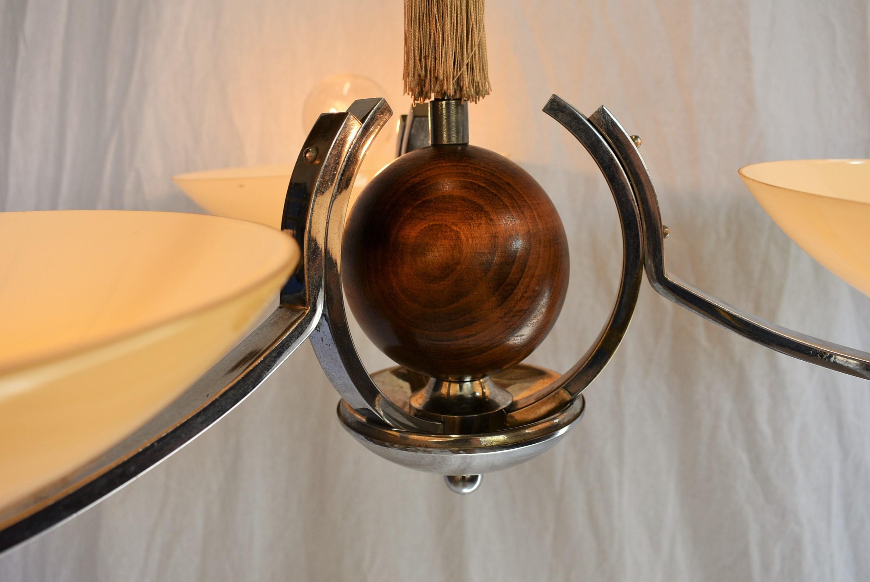 Art Deco Wood and Chrome Chandelier, 1931s In Good Condition For Sale In Praha, CZ