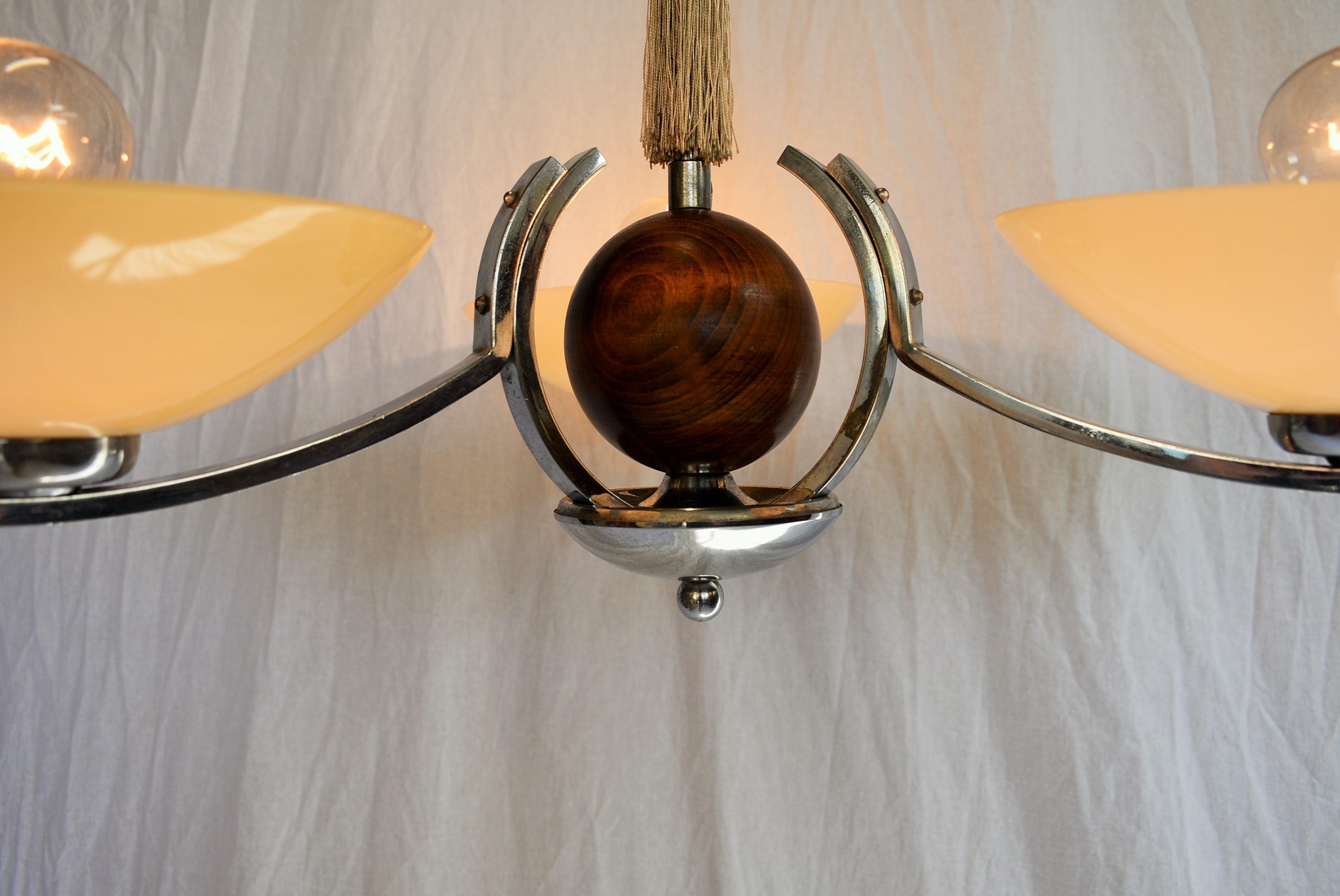 Art Deco Wood and Chrome Chandelier, 1931s For Sale 1
