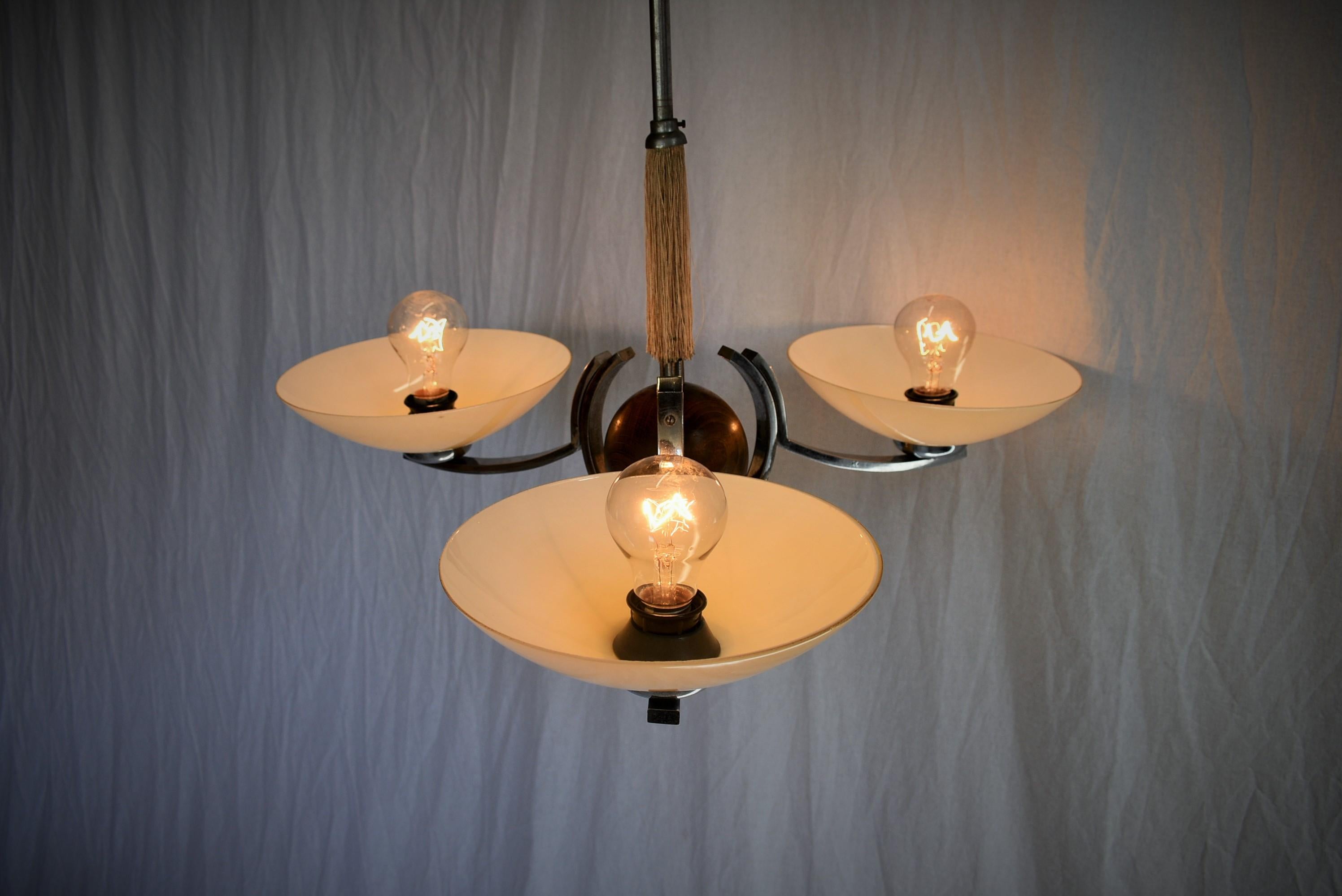 Art Deco Wood and Chrome Chandelier, 1931s For Sale 2