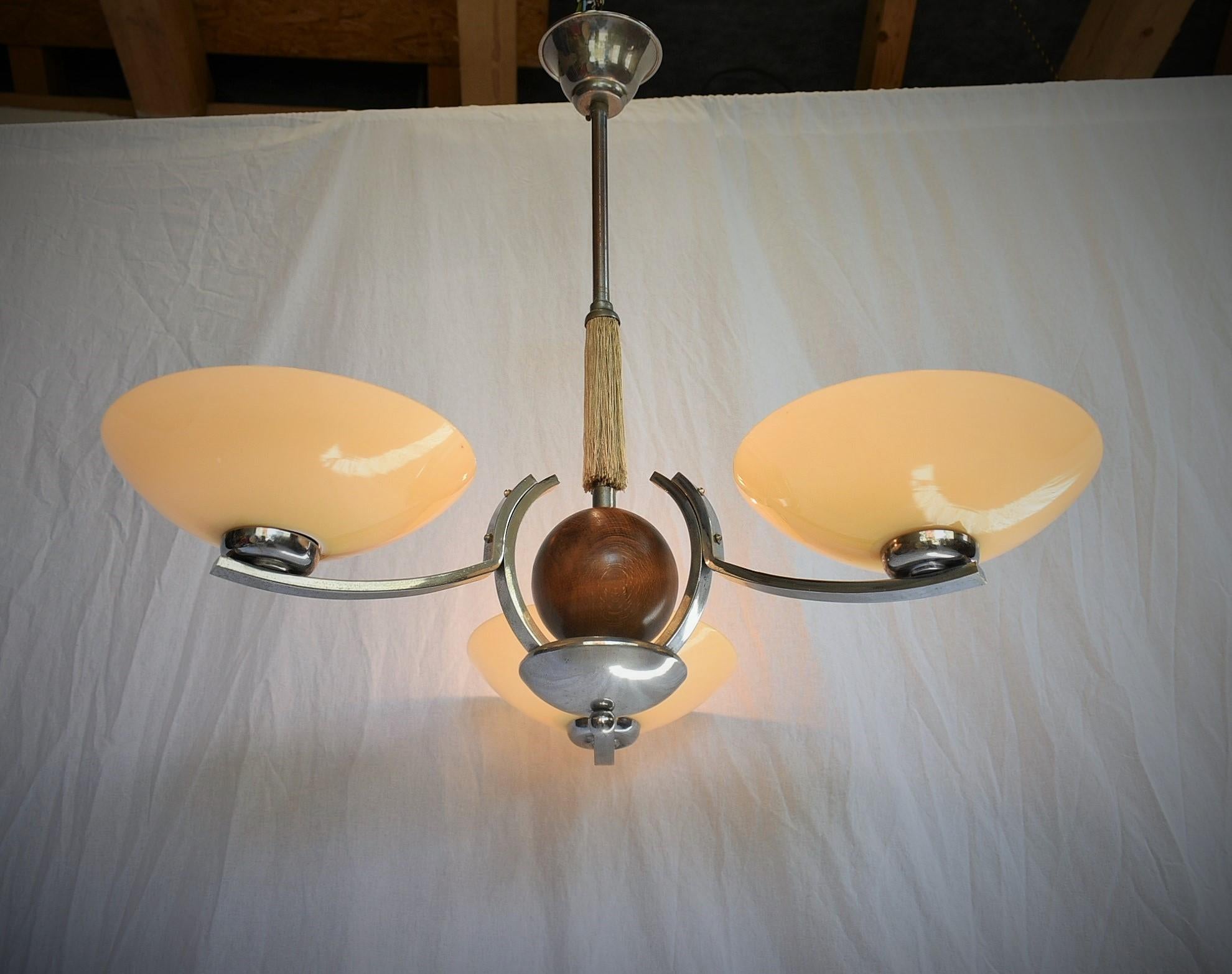 Art Deco Wood and Chrome Chandelier, 1931s For Sale 3