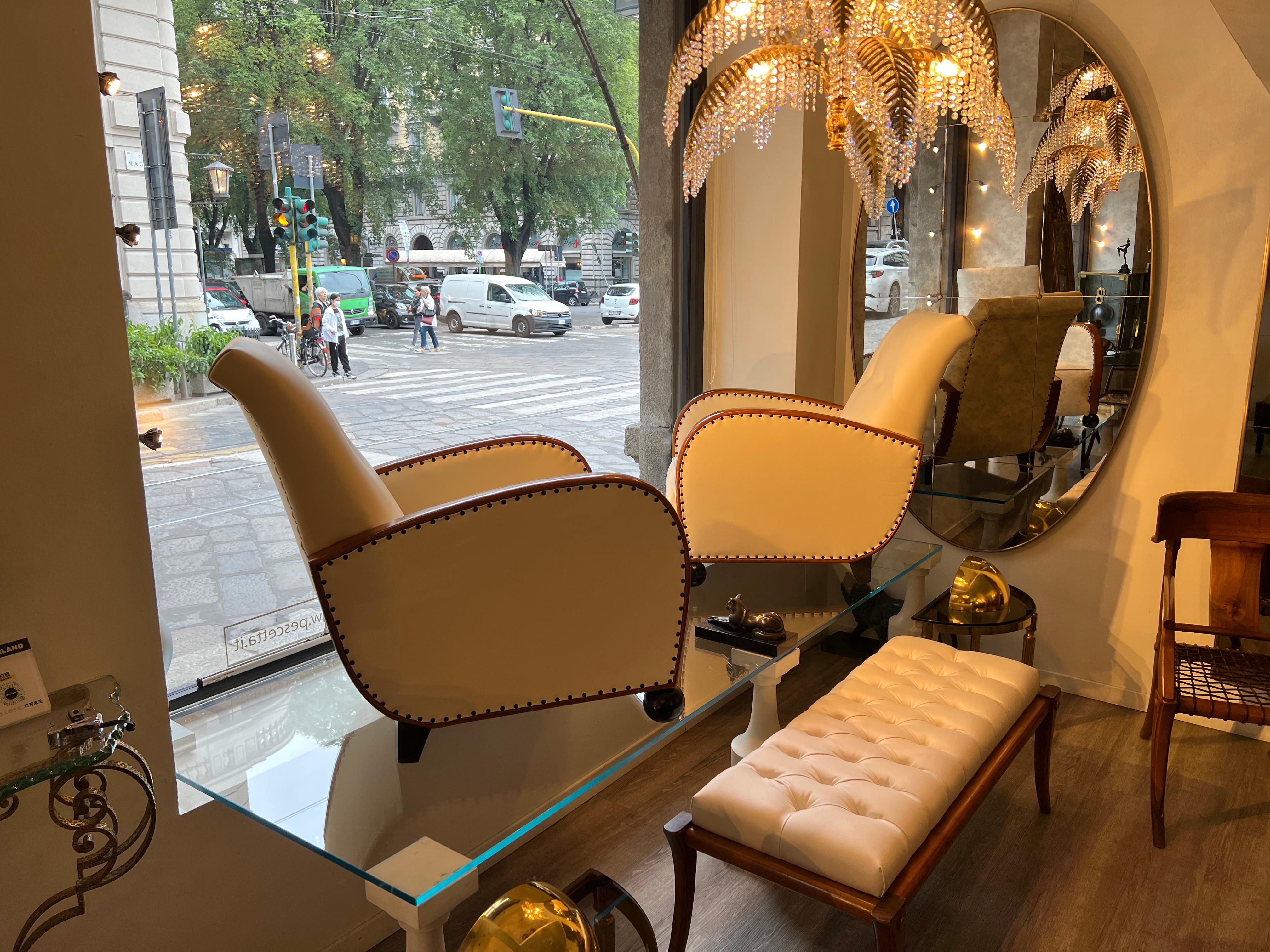 French Art Deco armchairs, form 1930s period. They can be reclined.
Reupholstered in light cream color.
Restored in wooden parts in conservative way.
Size: W 66 cm, D 75-90 cm, h 85 cm, seat h 36 cm.
Better pictures and video to come.