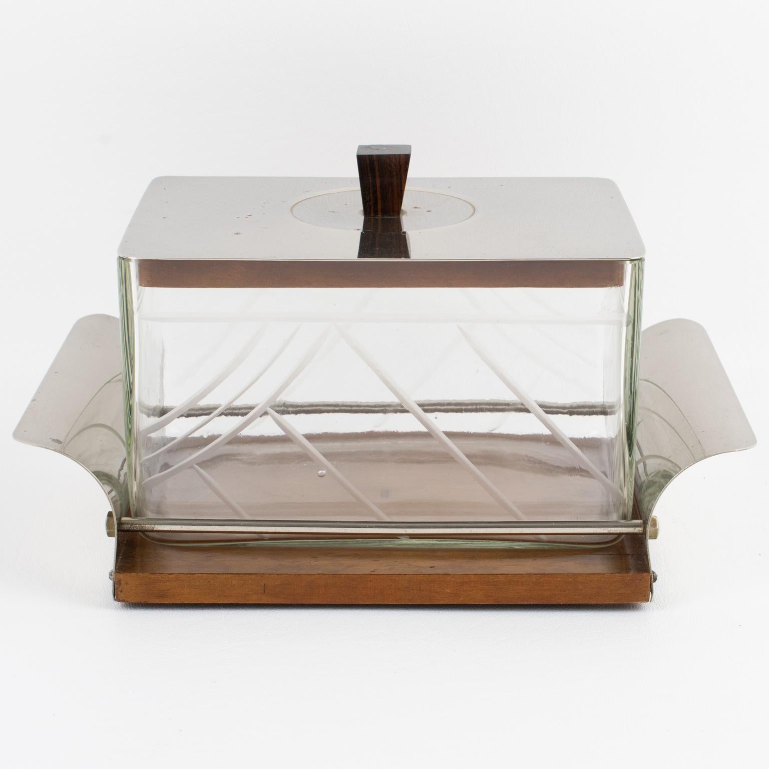Mid-20th Century Art Deco Wood and Crystal Cookie Box Candy Jar, France 1930s For Sale