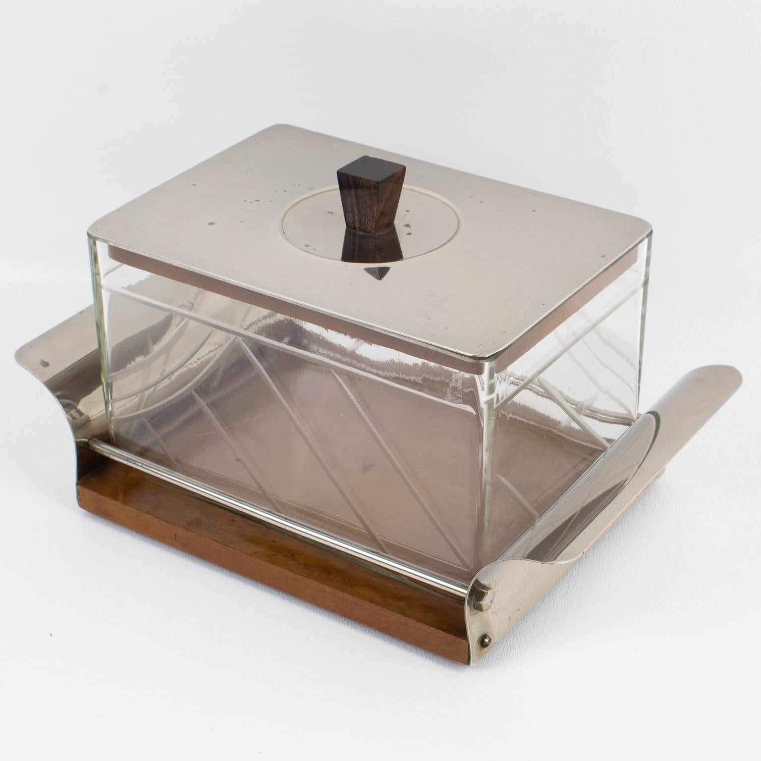 Caja de galletas Art Decó de madera y cristal Tarro de caramelos, Francia Años 30 mediados del siglo XX en venta
