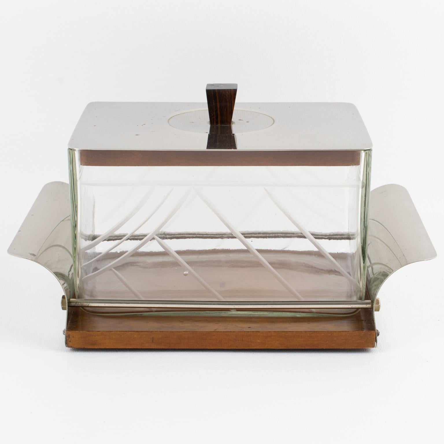 Caja de galletas Art Decó de madera y cristal Tarro de caramelos, Francia Años 30 Metal en venta