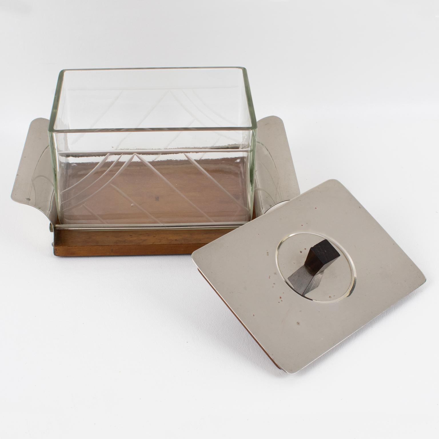 Caja de galletas Art Decó de madera y cristal Tarro de caramelos, Francia Años 30 en venta 1