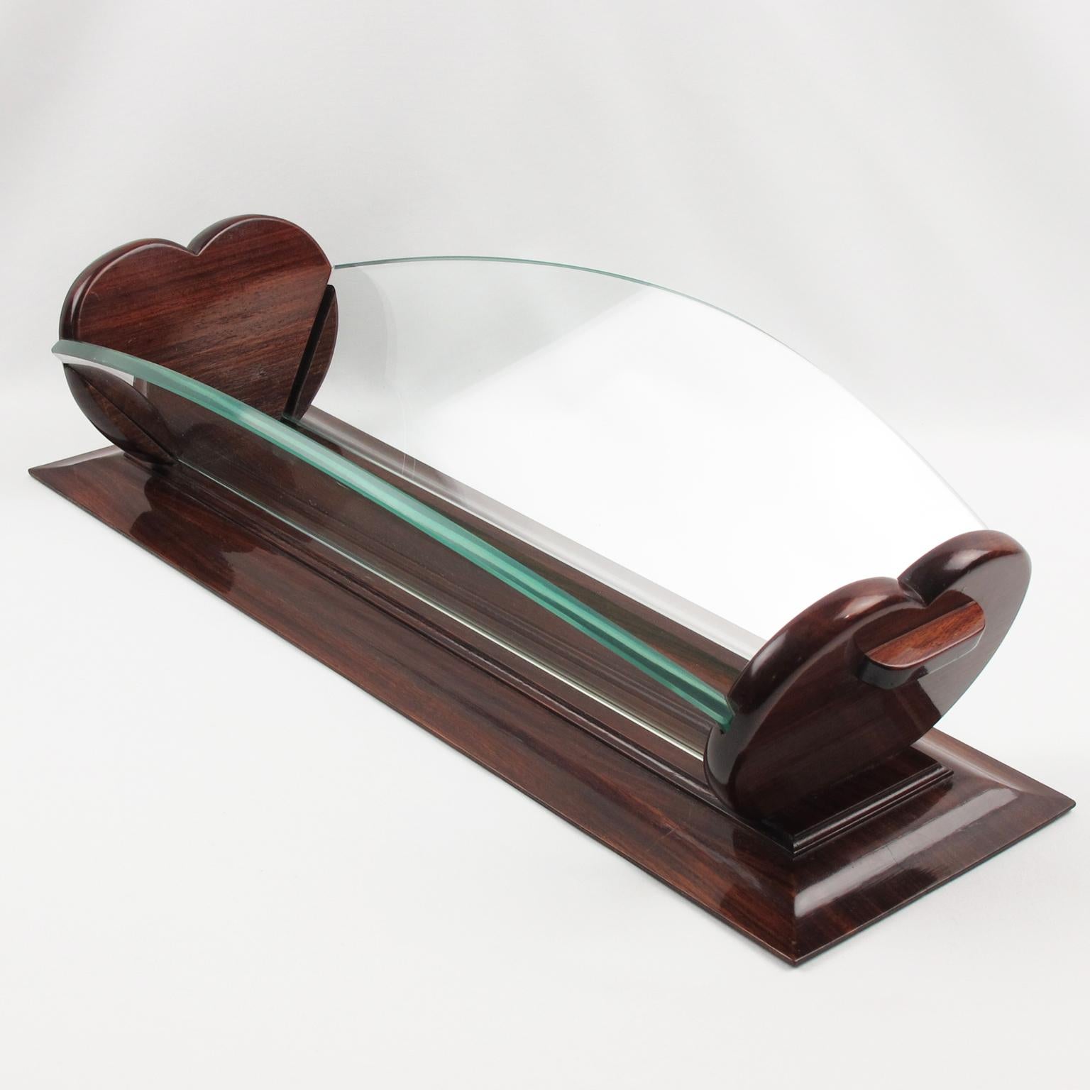 This beautiful Art Deco massive centerpiece, decorative bowl, or serving fruit or bread basket was hand-crafted in France in the 1930s. The varnished wood base has a stunning heart-shaped carved design on the sides. Two shaped transparent glass