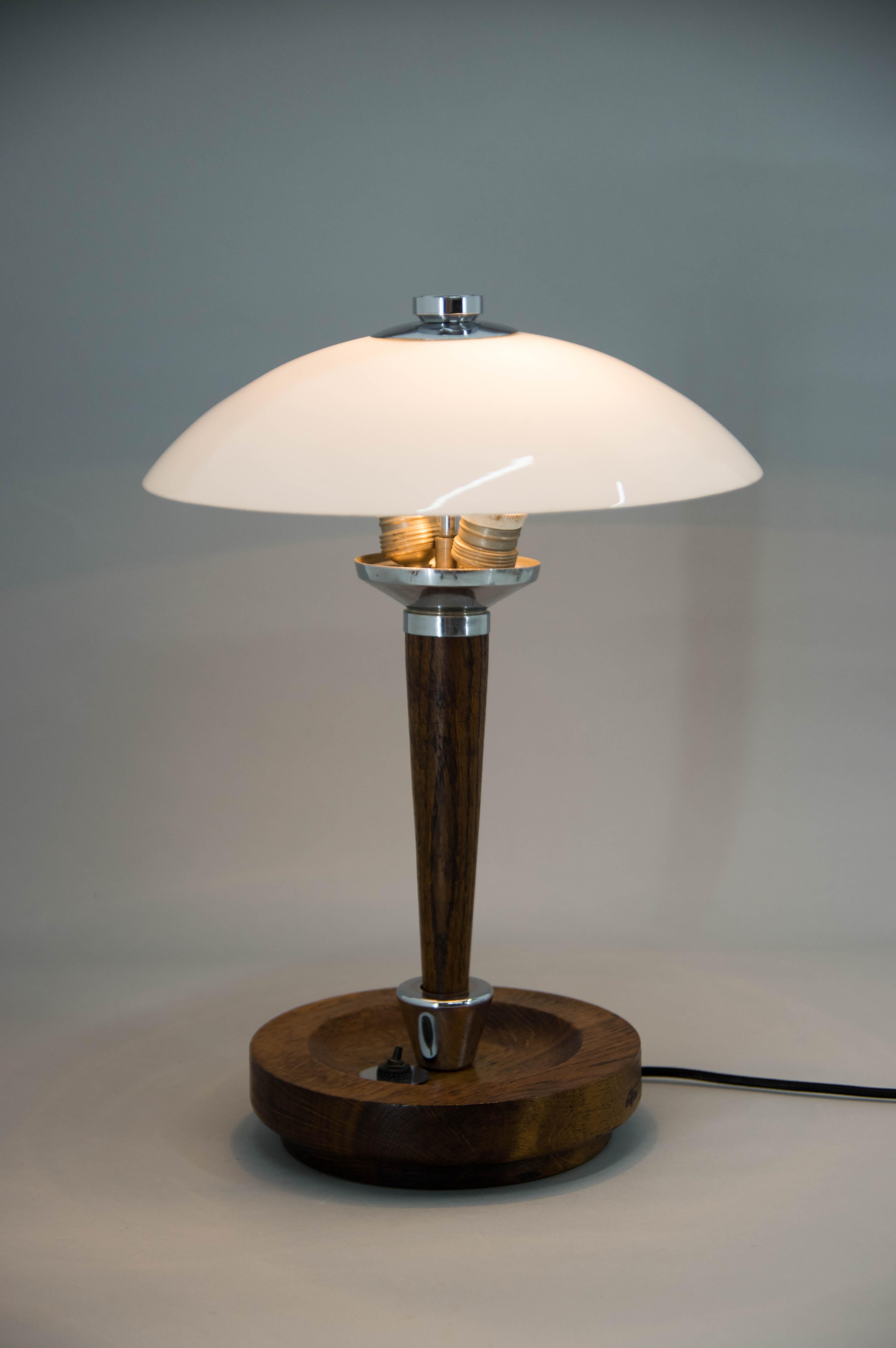 Czech Art Deco Wood and Glass Table Lamp, 1930s For Sale