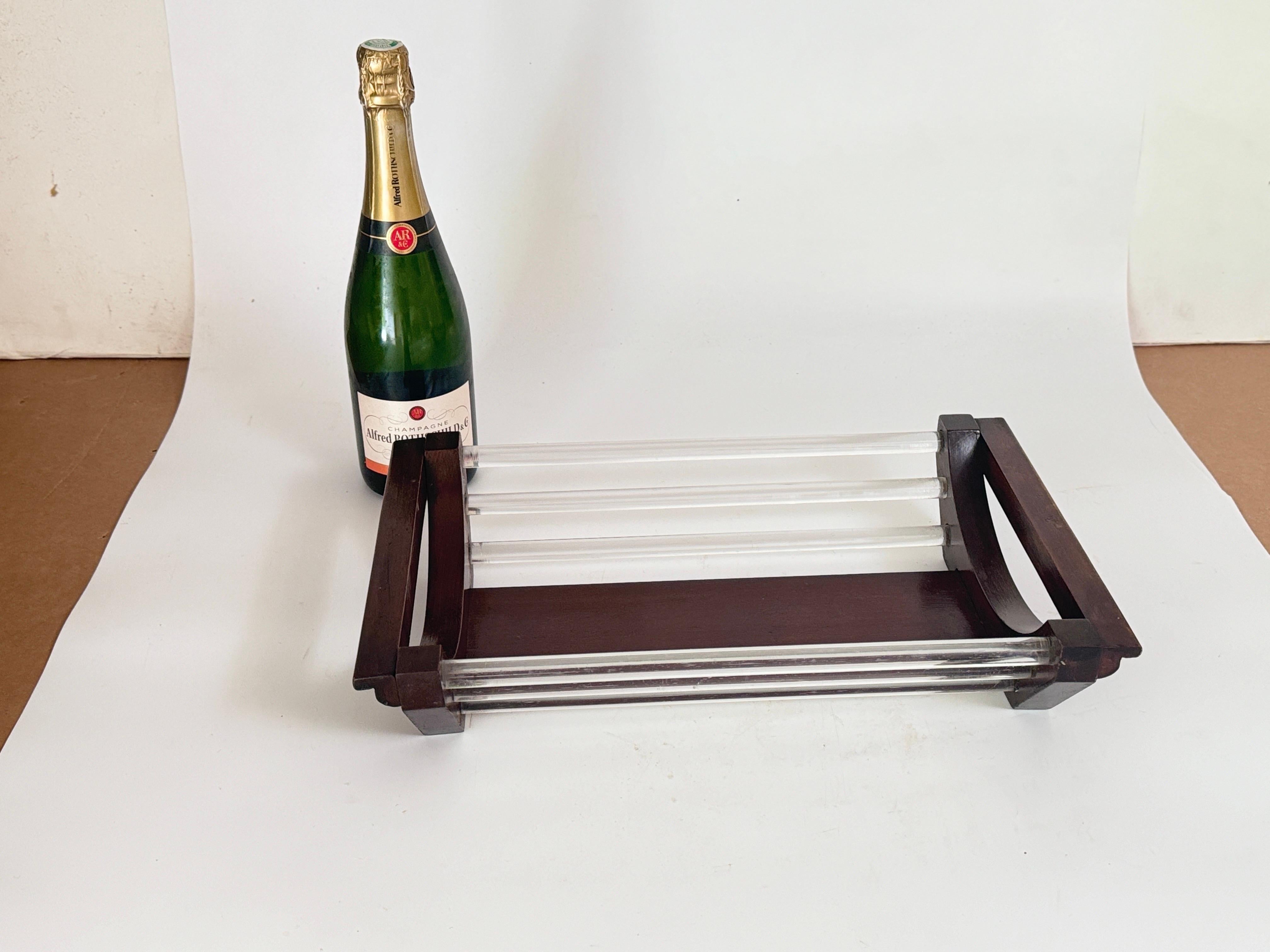 Metà XX secolo Vassoio Art Deco in legno e vetro, colore marrone, Wood Francia 1940 in vendita