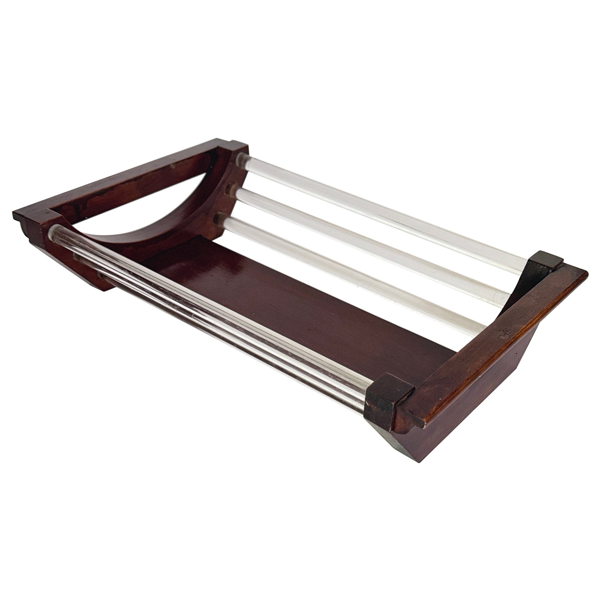 Art Deco Wood and Glass Tray, Brown Color, Wood France 1940