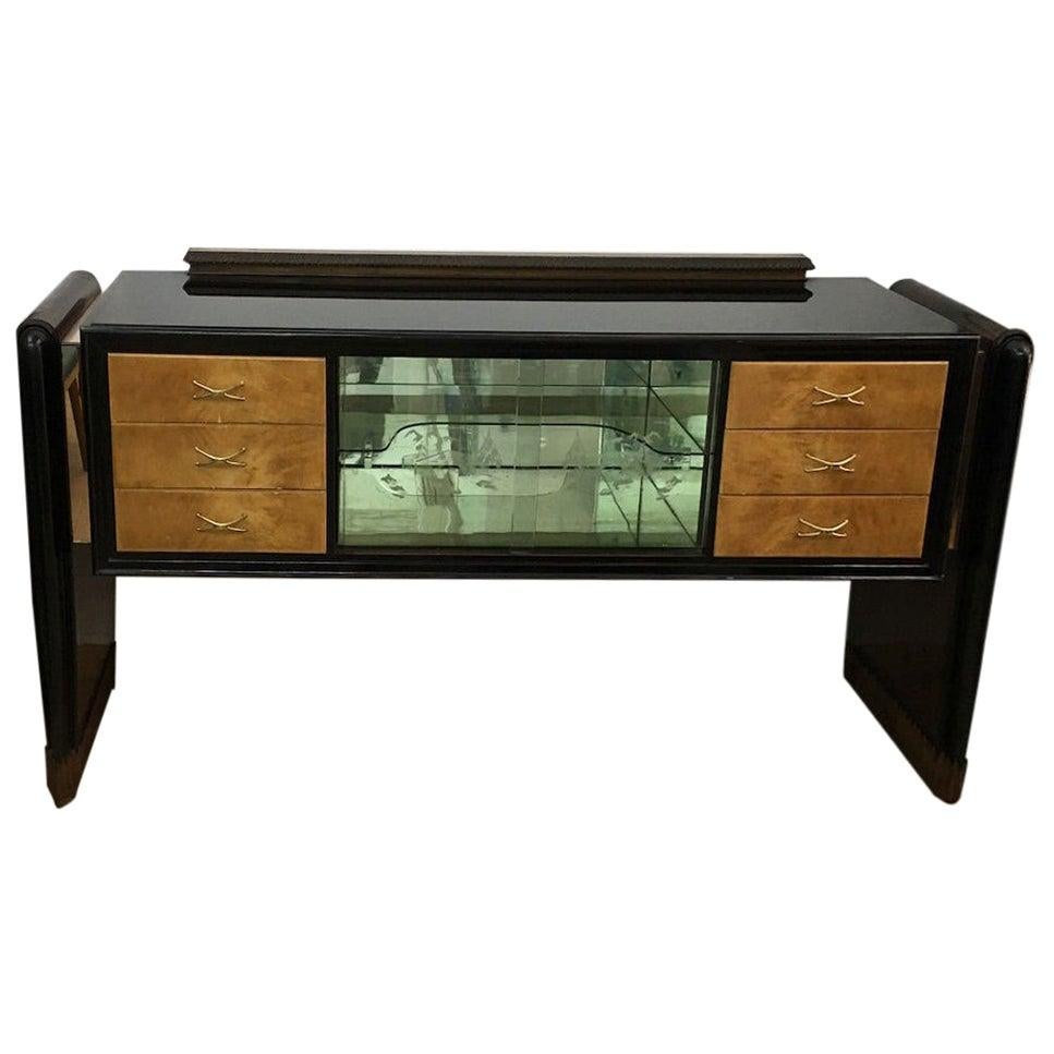 1930s Amazing Art Deco Wood Etched Glass and Pink Mirror Italian Sideboard For Sale