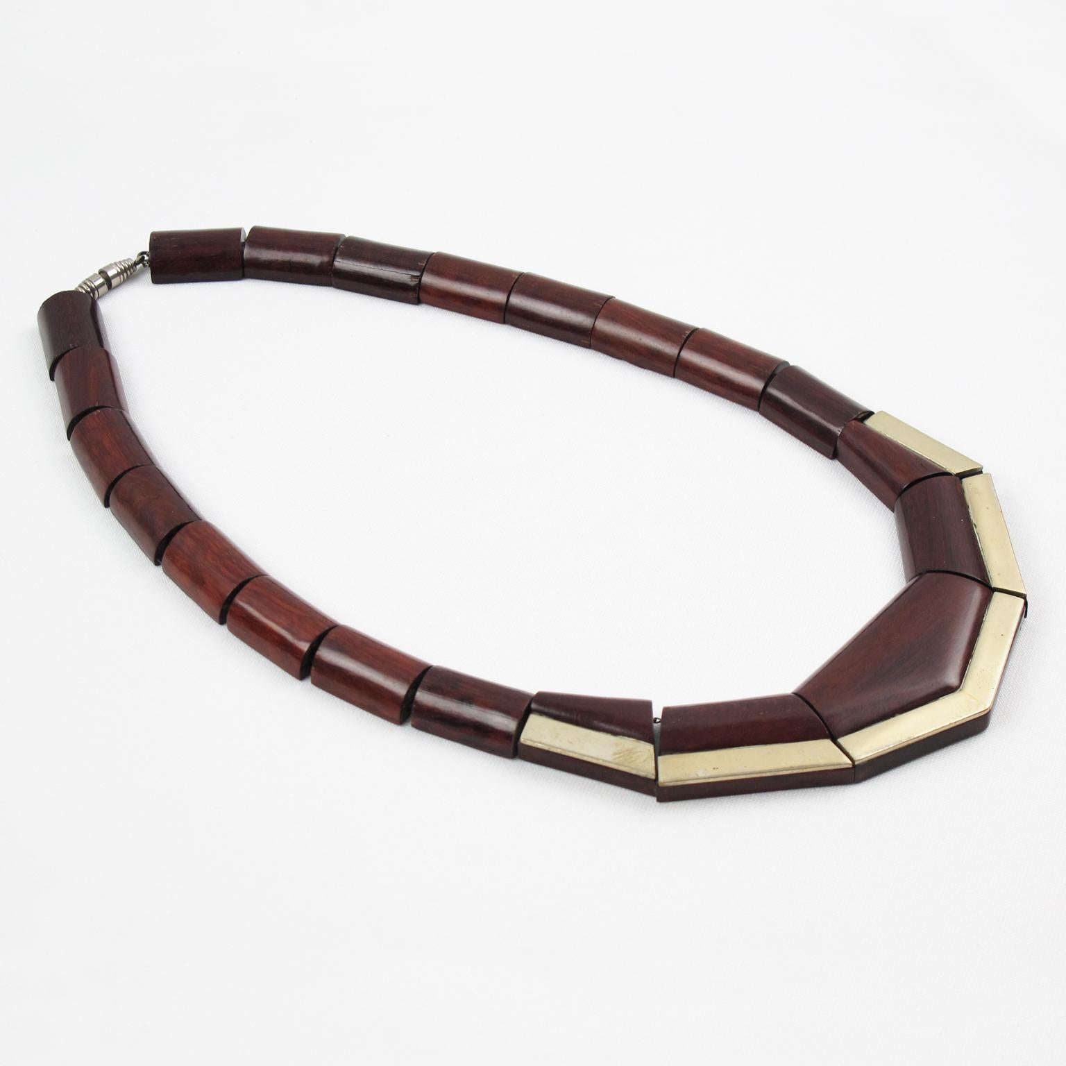 Women's Art Deco Wood and Silver Plate Geometric Choker Necklace, France 1930s