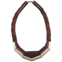 Art Deco Wood and Silver Plate Geometric Choker Necklace, France 1930s