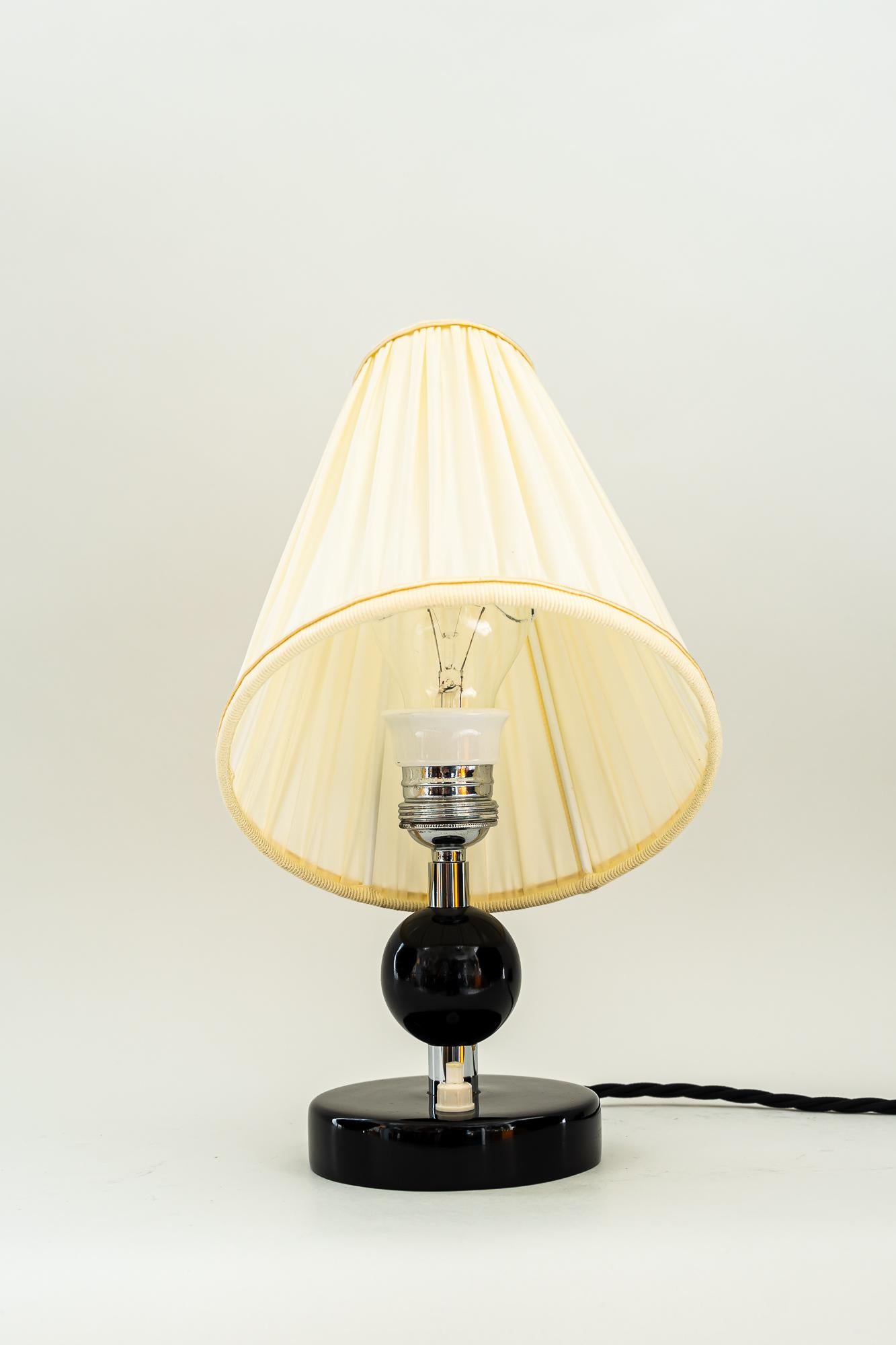 Blackened Art Deco Wood Base Table Lamp with Fabric Shades Around 1920s For Sale