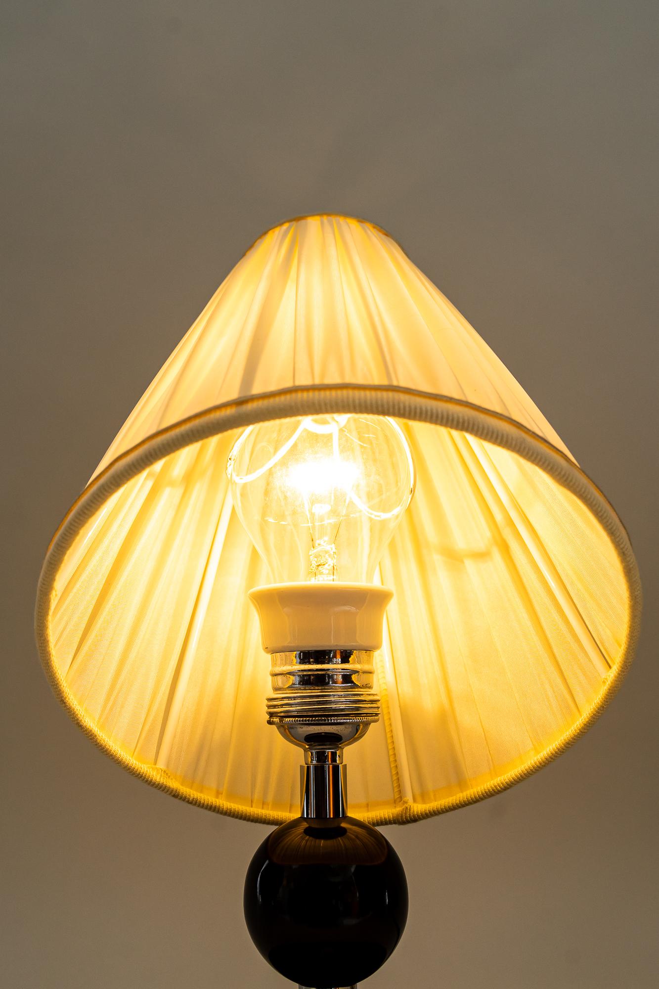 Art Deco Wood Base Table Lamp with Fabric Shades Around 1920s For Sale 3