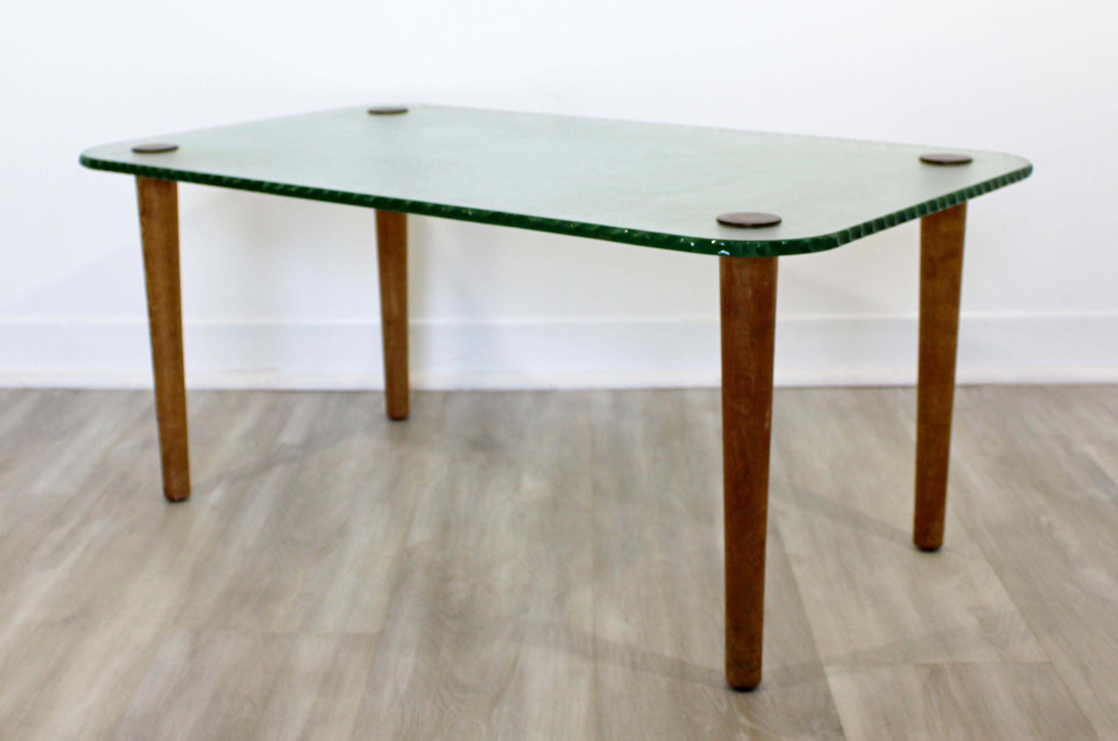 American Art Deco Wood Bronze Tempered Chipped Edge Glass Coffee Table 1940s Rohde Style
