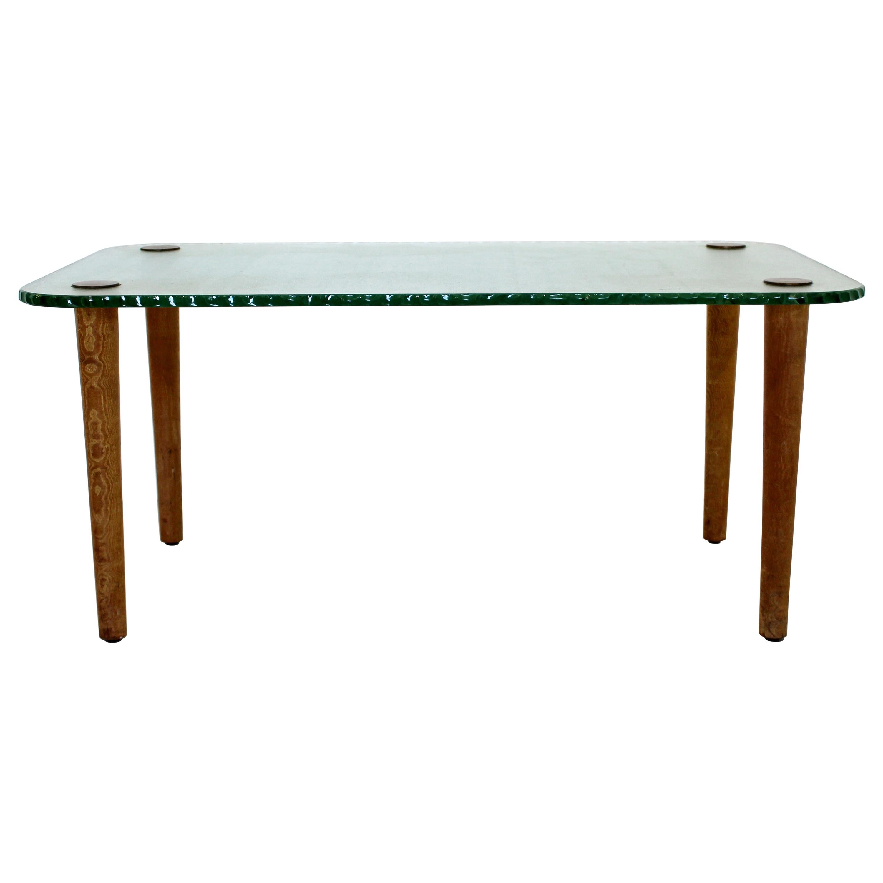 Art Deco Wood Bronze Tempered Chipped Edge Glass Coffee Table 1940s Rohde Style