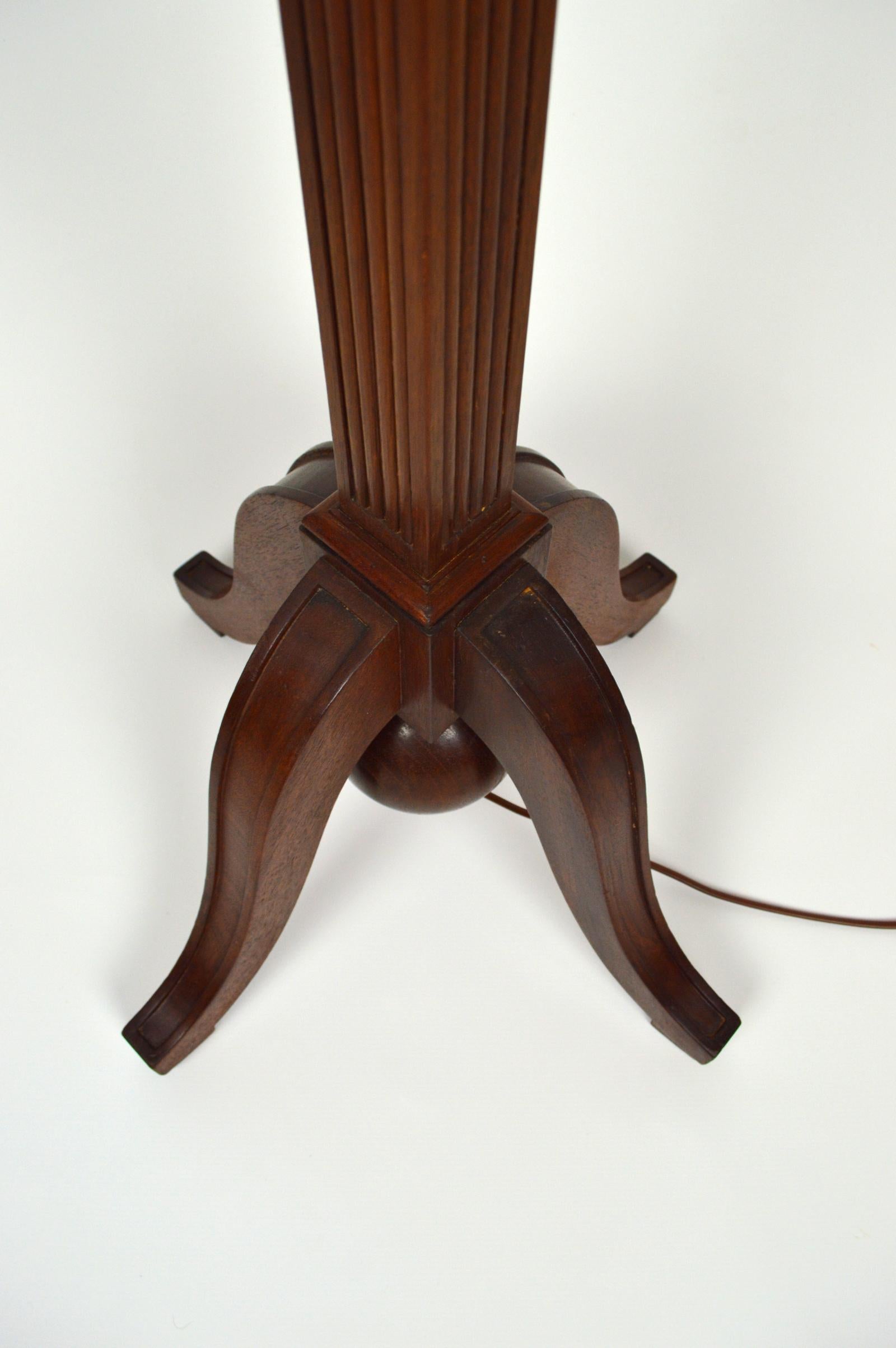 Brass Art Deco Wood Carved Torchiere Floor Lamp, France, circa 1930 For Sale