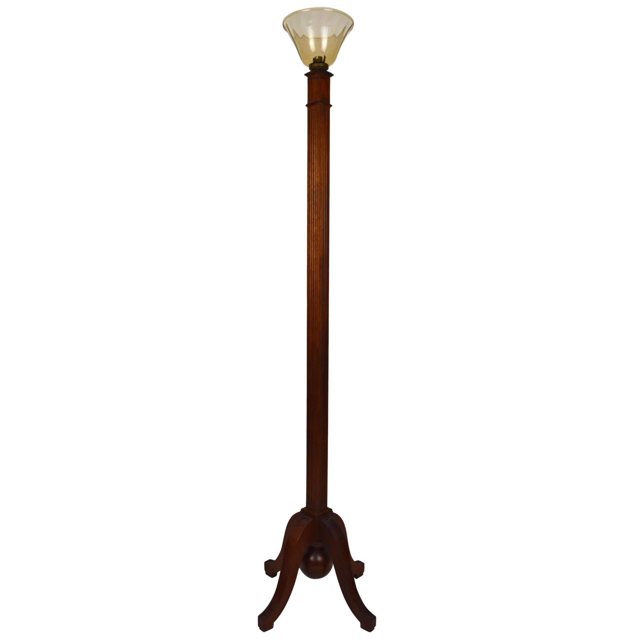 Art Deco Wood Carved Torchiere Floor Lamp, France, circa 1930 For Sale