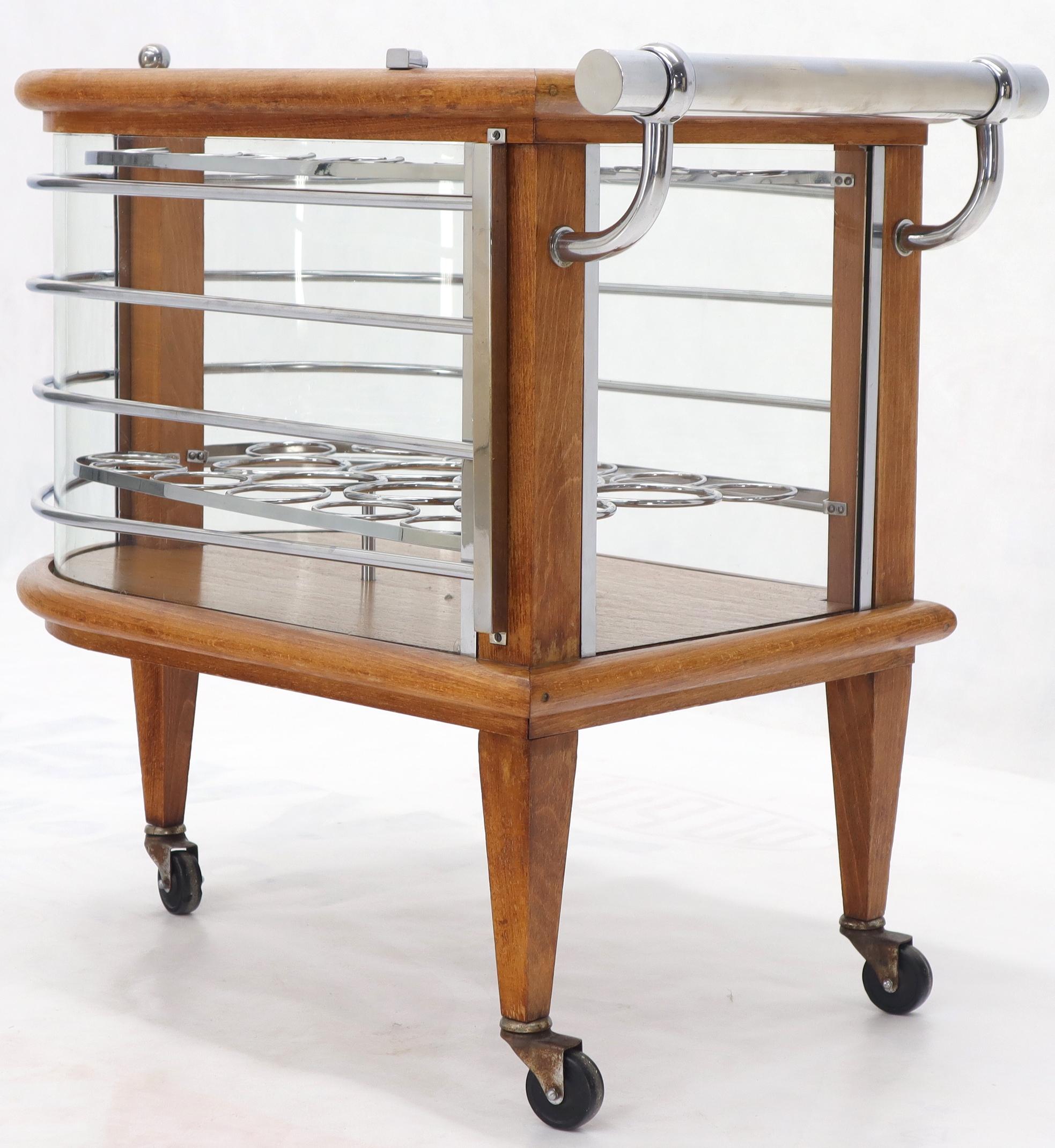 Art Deco Wood Chrome and Glass Serving Cart Bar on Wheels For Sale 7