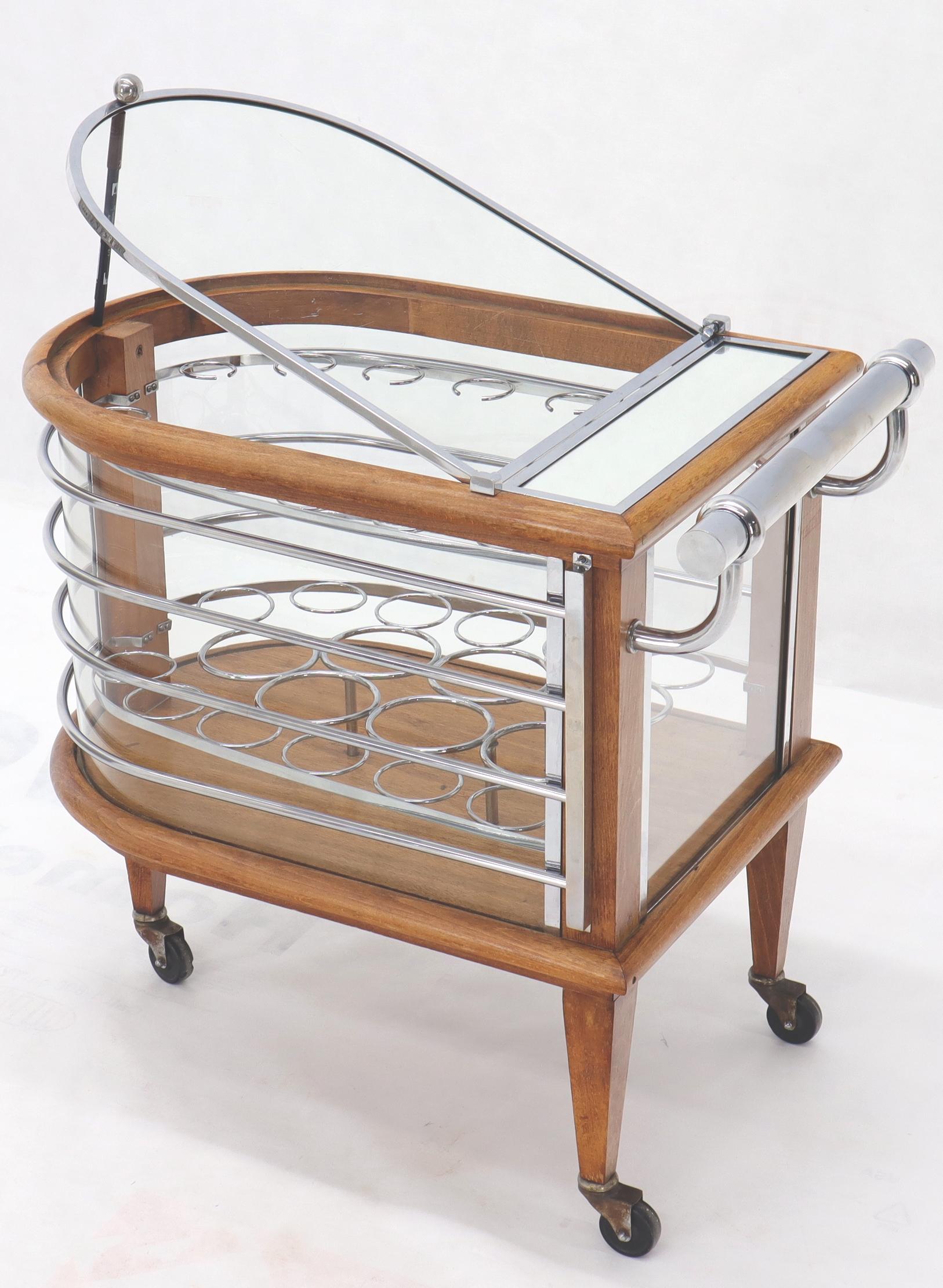 Mid-Century Modern Art Deco Wood Chrome and Glass Serving Cart Bar on Wheels For Sale