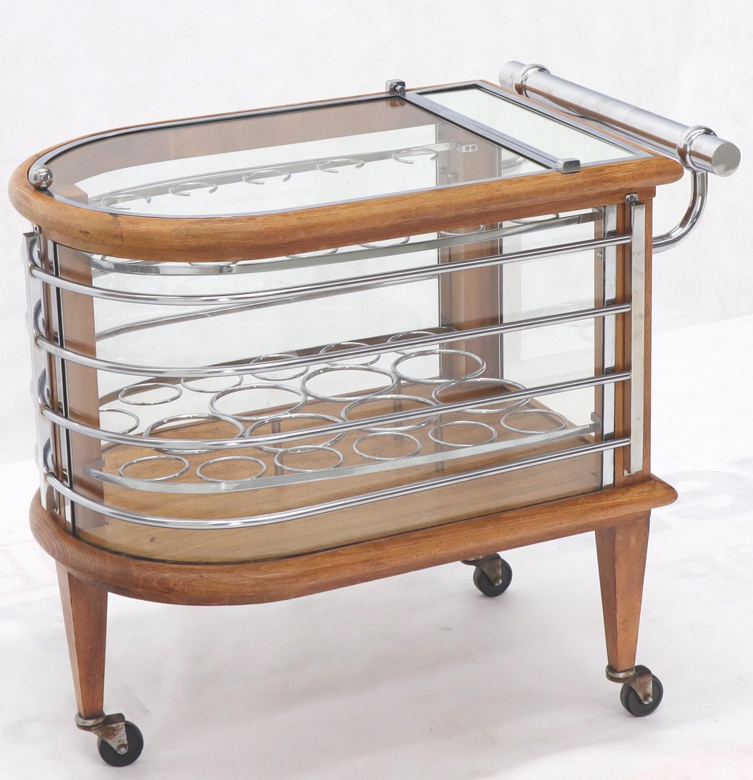 Italian Art Deco Wood Chrome and Glass Serving Cart Bar on Wheels For Sale