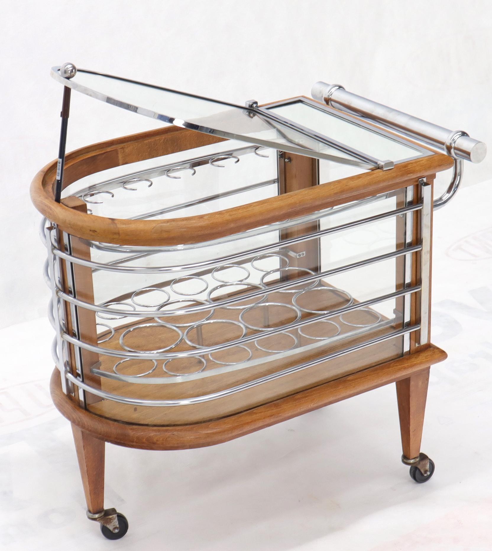 20th Century Art Deco Wood Chrome and Glass Serving Cart Bar on Wheels For Sale